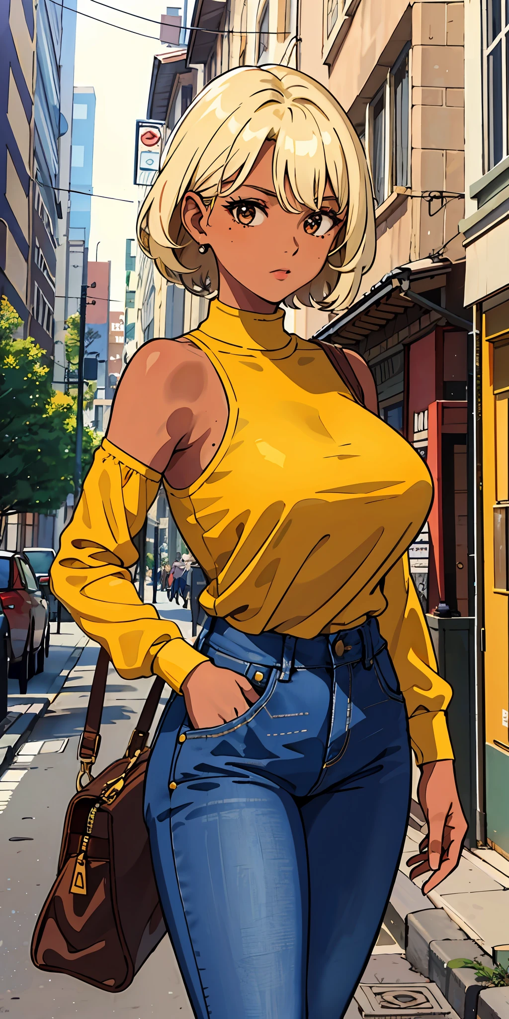 (top quality, masterpiece), 1 girl, 30 years old, stunning, contempt, blonde short, brown skin, tan, street, long sleeves, jeans, mole, 5 fingers, hide hands, armpits, show armpits, big, big breasts, thin areola