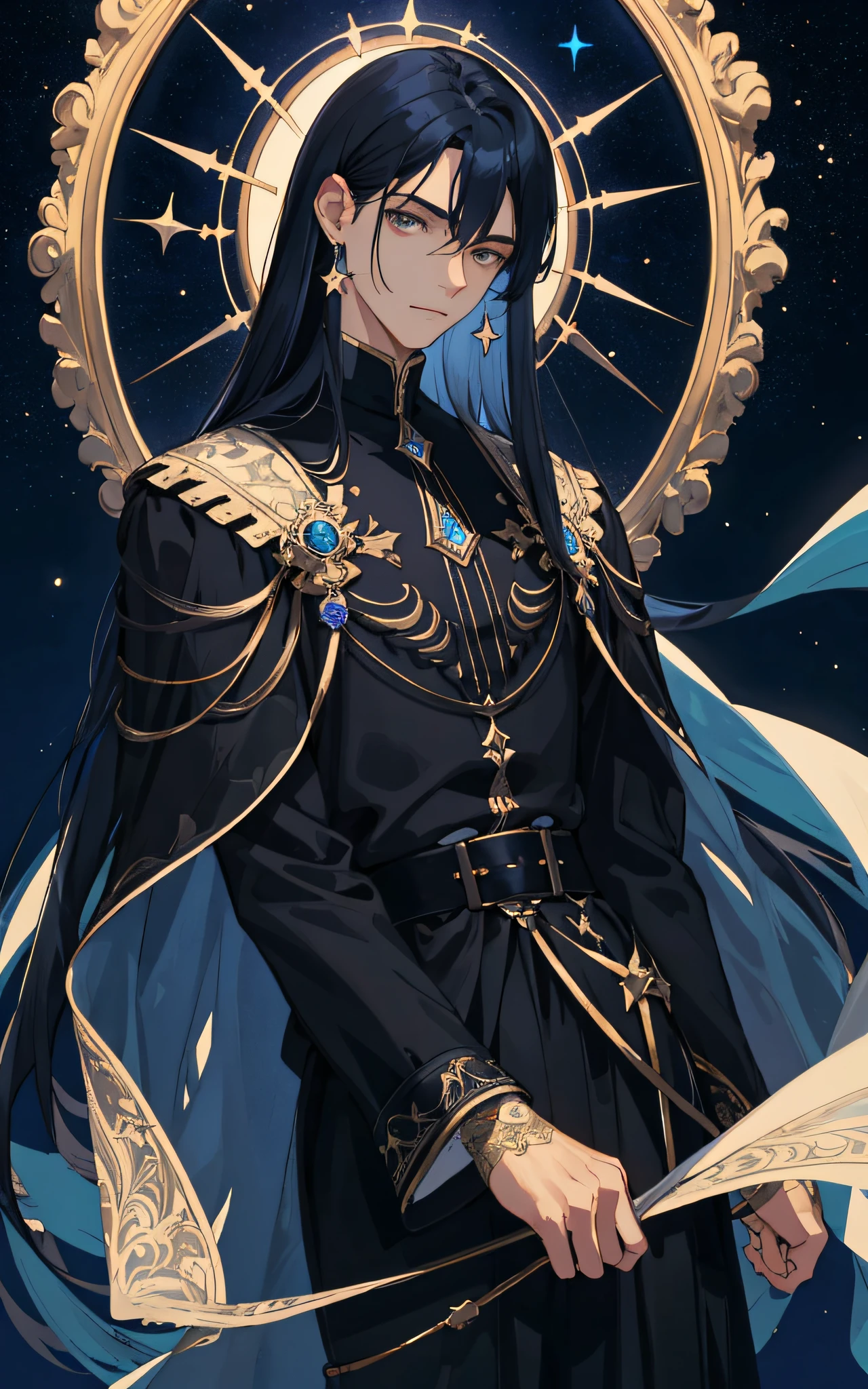 Masterpiece, best quality, teenager, male, long dark blue hair, straight hair, qi bangs, expressionless, intricate details, delicate face, prominent face, black skirt, dark night, starry sky, stars, black, blue, light gold, black background