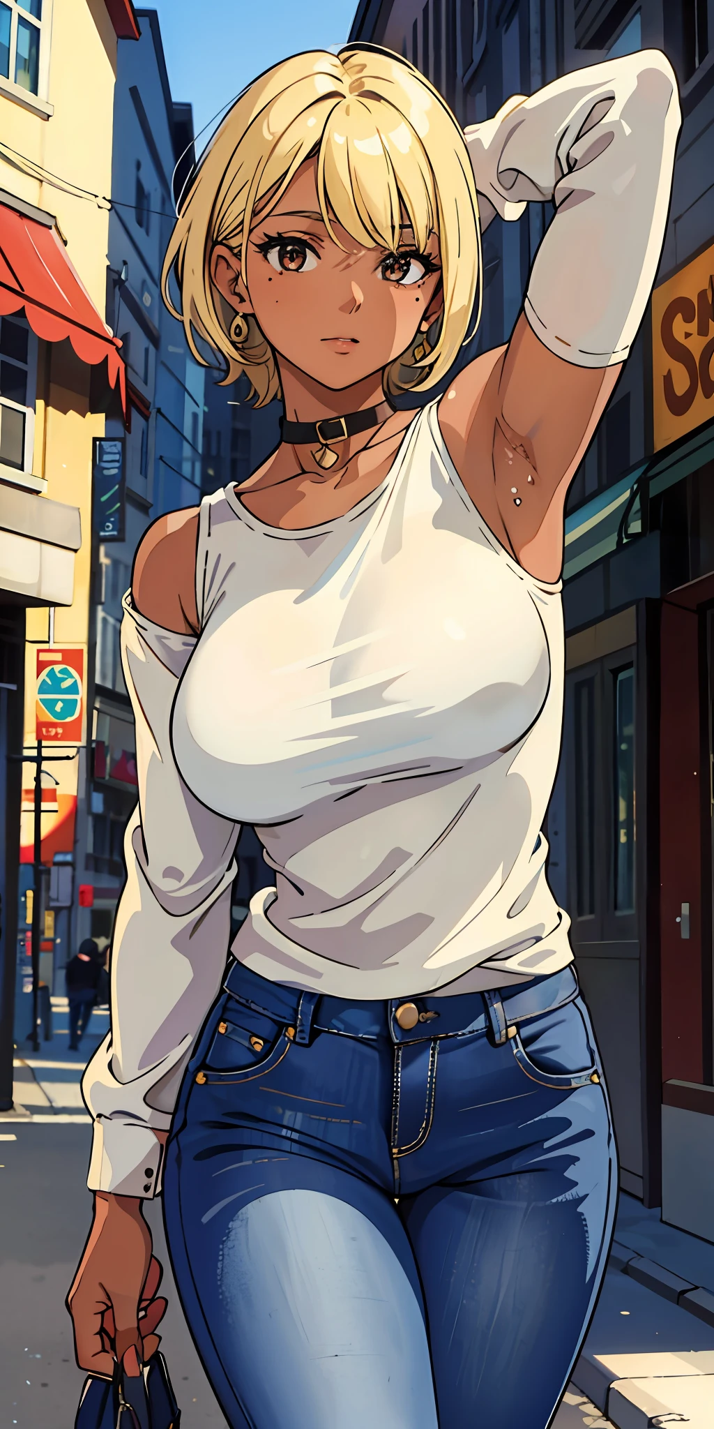 (top quality, masterpiece), 1 girl, 30 years old, stunning, contempt, blonde short, brown skin, tan, street, long sleeves, jeans, mole, 5 fingers, hide hands, armpits, show armpits, big, big breasts, thin areola