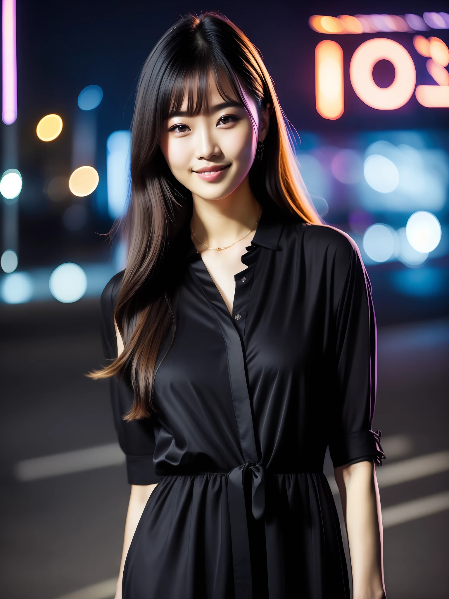 Night scene, full body photo of a sexy Korean girl, posing, wearing a long black blouse, looking at the camera and smiling, hair with long black bangs, beautiful young face, soft neon lights, soft details in 4K resolution