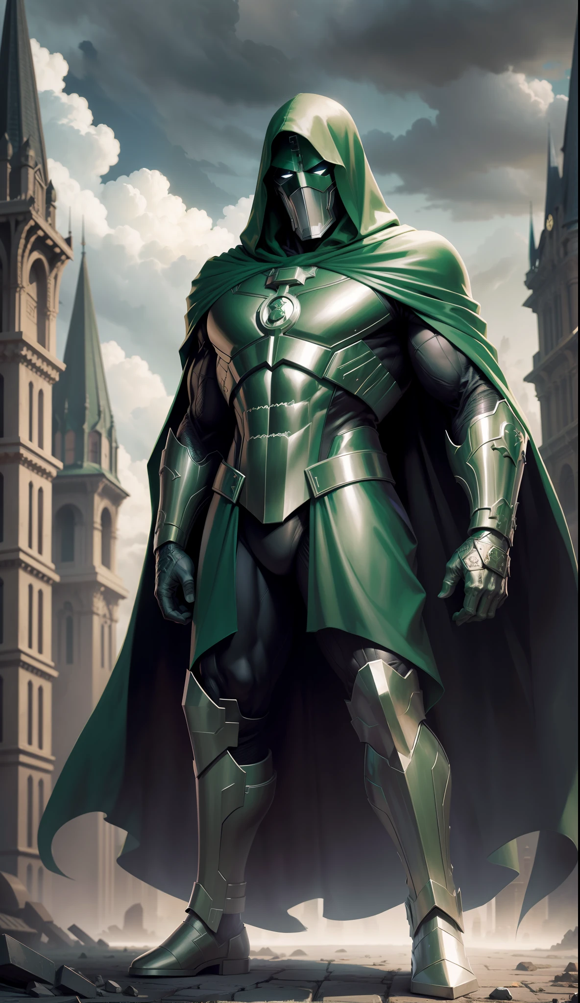 Extremely detailed and ultra-realistic depiction of Marvel's Doctor Doom, in his iconic armor with long green cape and hood along with his mask, standing firmly under a dark and ominous sky, with a magnificent palace in the far background, intricately designed with impeccable attention to detail. Very similar to the marvel comics, full body shot