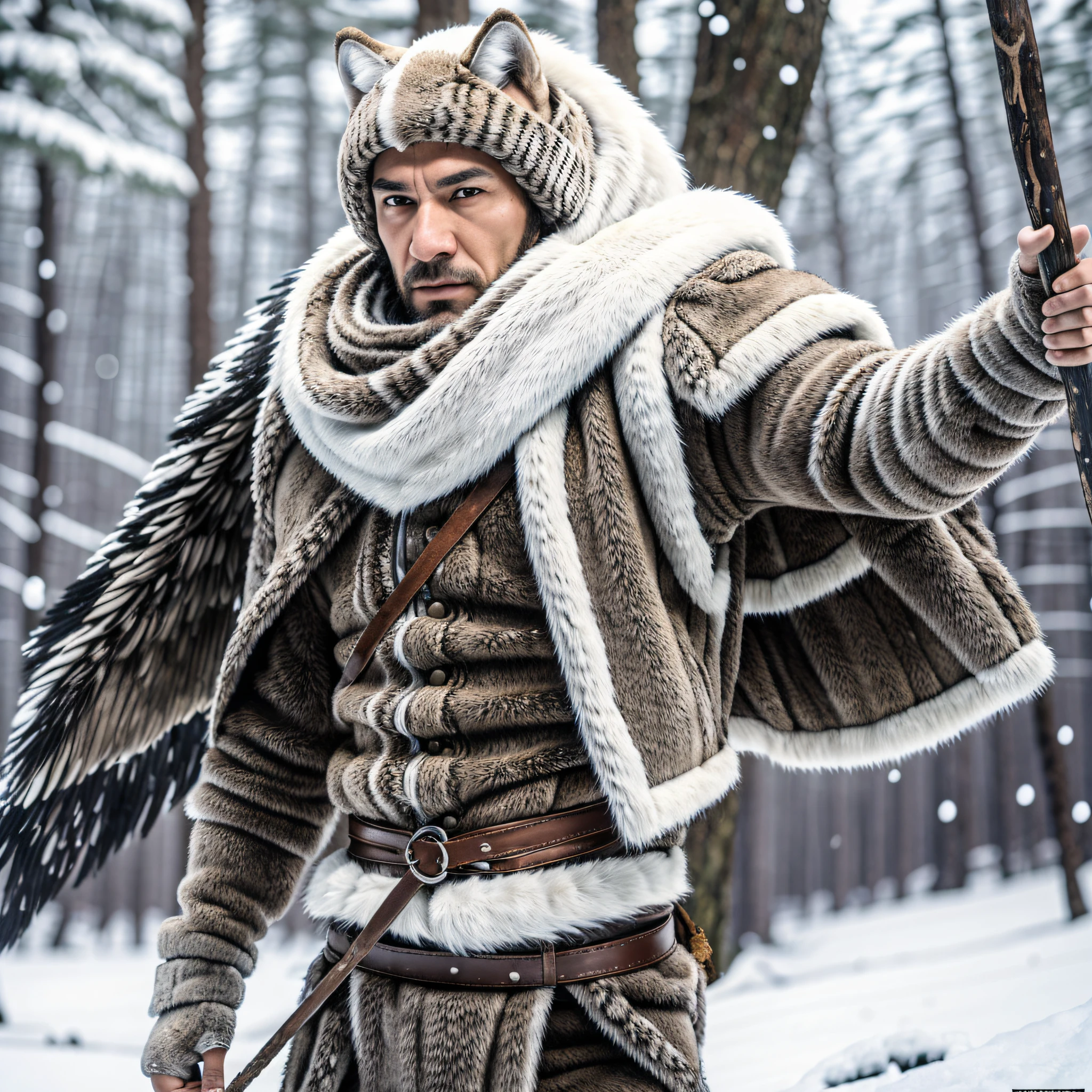 A wild winter hunter man, an outfit made of white wolf, automatically walks through the landscape of a winter forest. His black hair falls over his expressive and angry face as he firmly holds a bow and arrow in one hand. At 48, he is a true master of the art of hunting. The image is a high-quality, detailed representation, captured in 8k for a realistic experience. --auto --s2