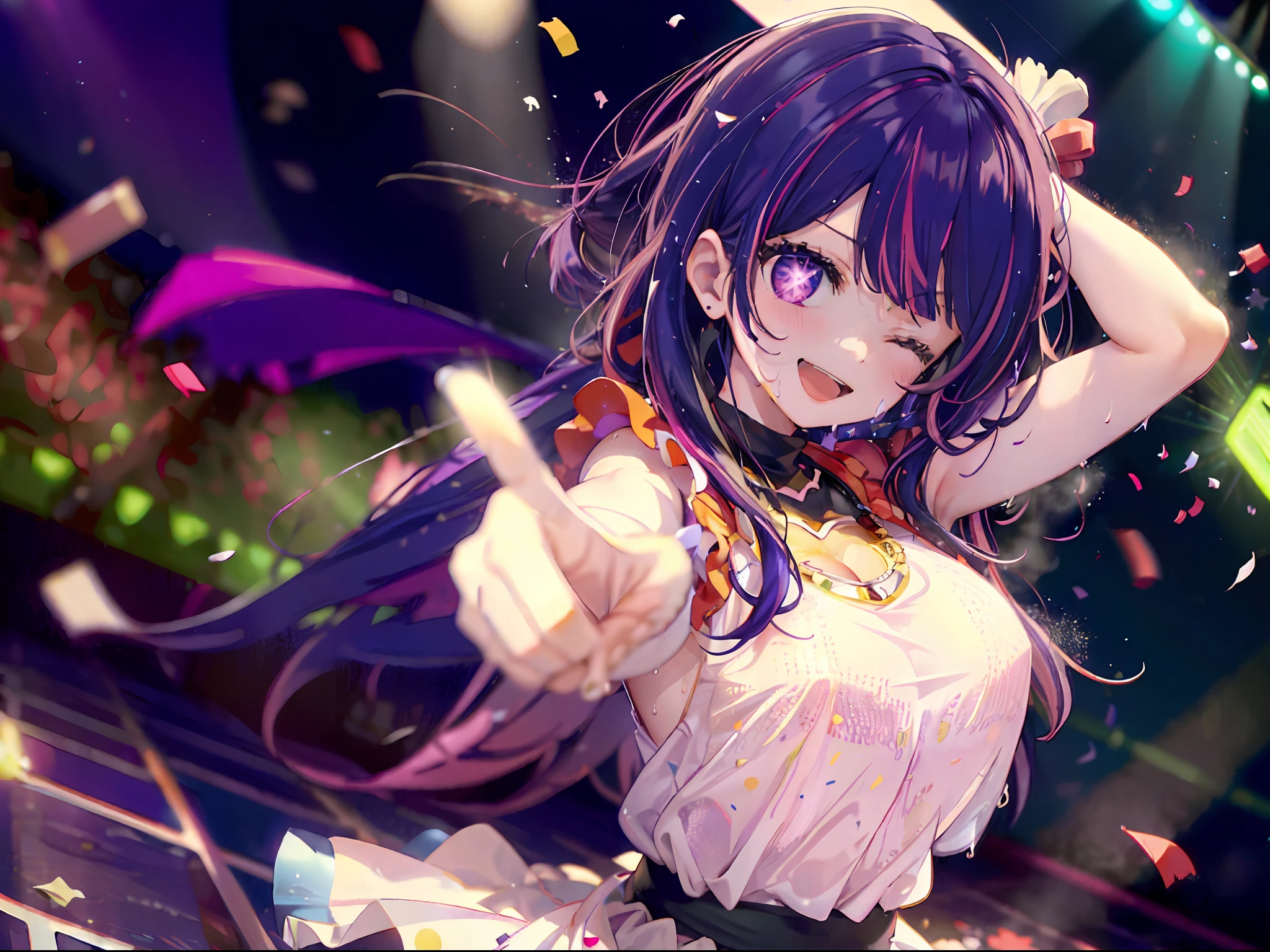 absurdres, highres,
BREAK
looking at viewer, (face focus:1.3), (from front:1.5)
BREAK
(vivid-color:1.3)
BREAK
(one girl:1.3), (loli:1.2), (Hoshino Ai:1.4), (purple hair, streaked hair:1.5), (purple eyes:1.5), (happy smile:1.7), (pointing:1.5), (singing, one arm up, one eye closed, lifting her feet:1.3), twisting waist, (shiny eyes:1.3), (upturned eyes, happy smile:1.2), star-shaped pupils, hairclip, earrings, jewelry, nm1, (gloves:1.2), (frills, pink shirt:1.2), (pointing:1.3), dress pull, Roaring Twenties,  sleeveless, shirt, idol, symbol-shaped pupils, (White fluid on the body:1.4), (thighs:1.3),  (huge breasts, cleavage:1.3), (face focus:1.2),  open mouth, (breast:1.3), round eyes, (blowing in the wind:0.5), (sweat around girl, dripping sweat:1.3), squall (wind:1.2), sense of speed, refreshing breeze, motion blur effect, wind
BREAK
background is (on the Idol stage:1.3), (Stand in the center of the screen:1.3), indoors, idol live, wind, (Colorful spotlights:1.7)
BREAK
magnificent view, (10,000 people spectators:1.3), light particles, (confetti:1.4), dynamic angle, dutch angle, perspective
BREAK
(night, spot light:1.5), depth of field, bokeh, light leaks, (chromatic aberration:1.2)
BREAK