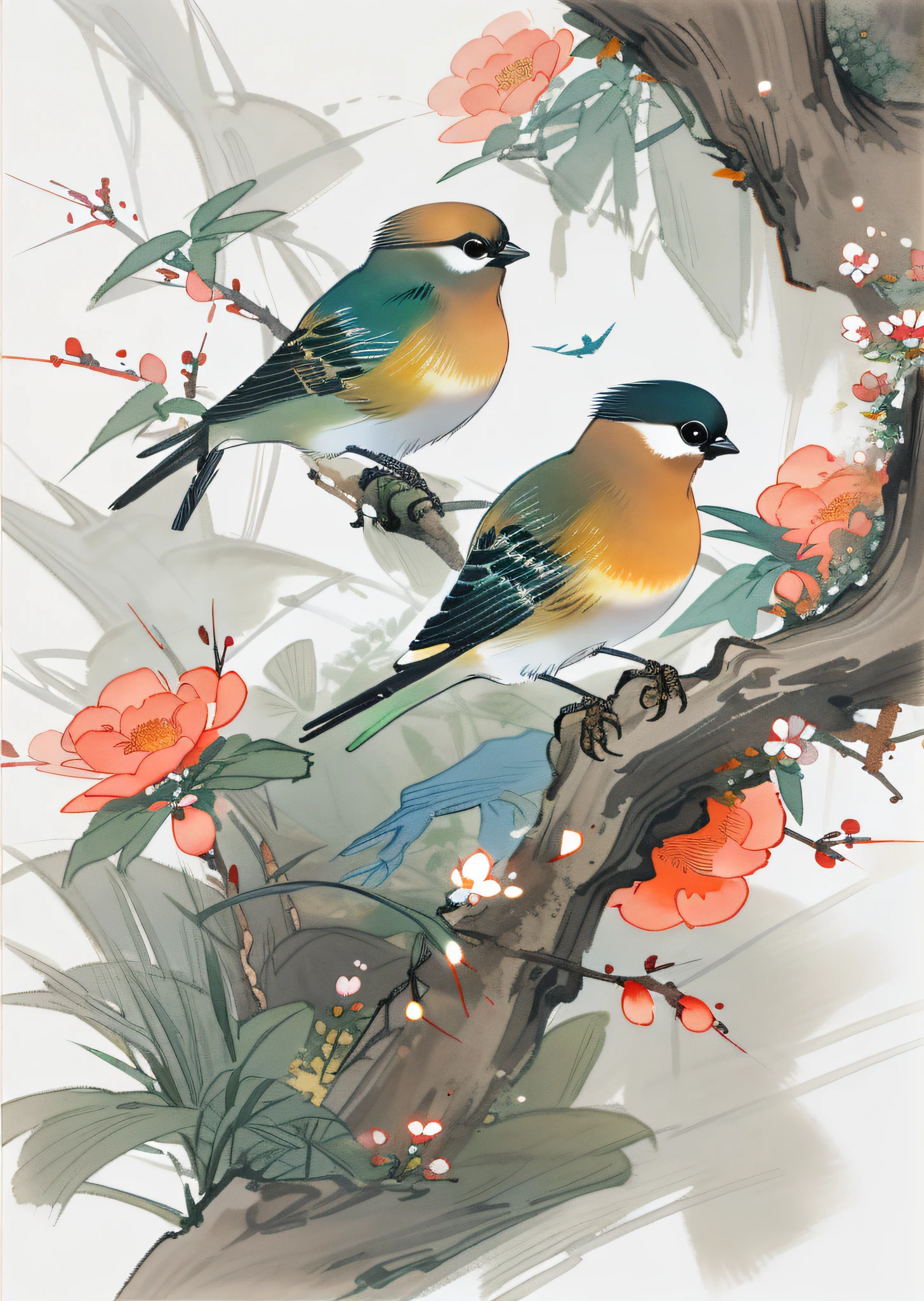 Flowers and birds, [(white background:1.5)::5], medium view, full body, chinoiserie, flowers, stone fragments, beautiful and delicate water, wood grain floor,