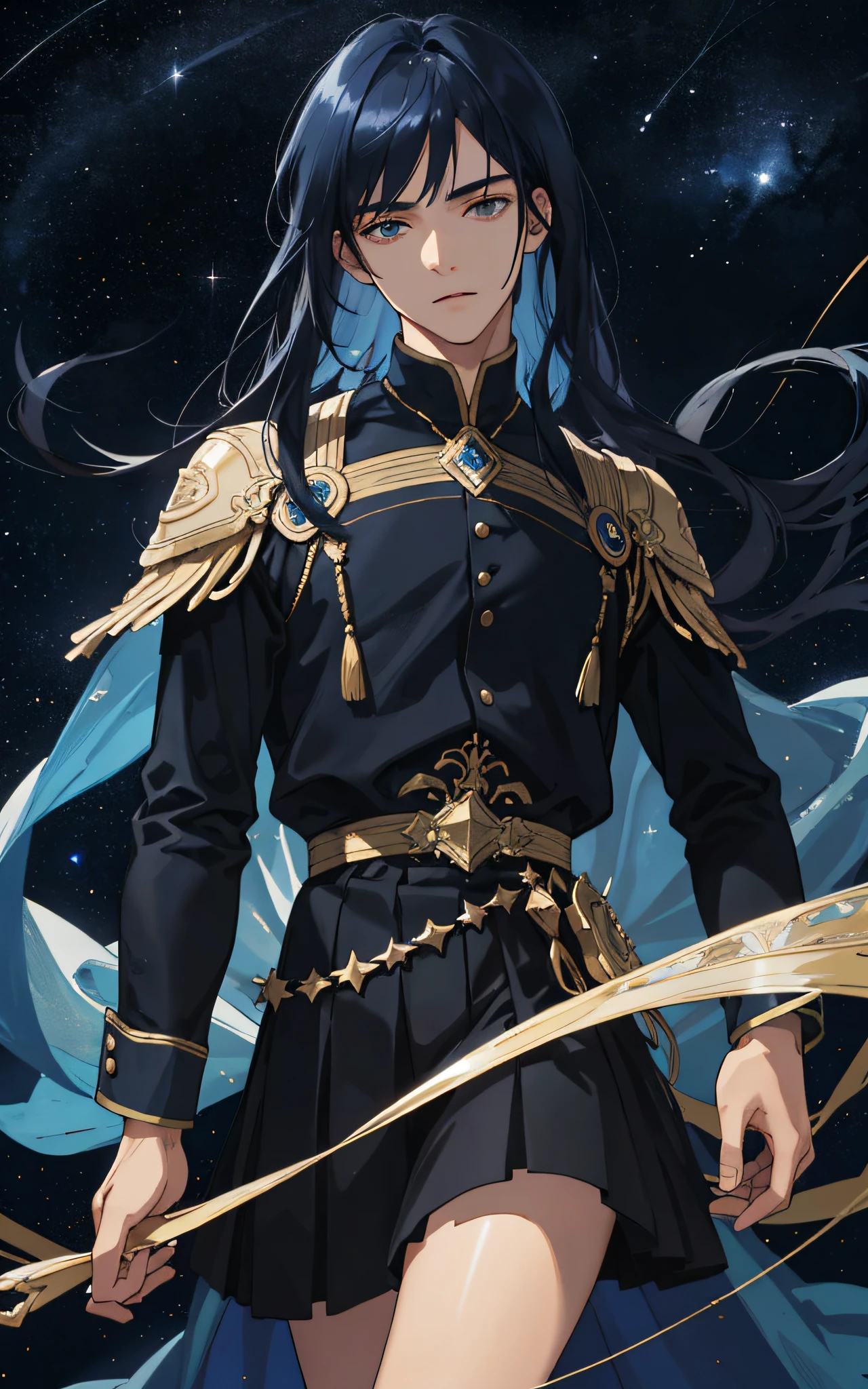 Masterpiece, best quality, teenager, male, long dark blue hair, straight hair, Qi bangs, expressionless, intricate details, delicate face, prominent face, delicate black skirt, dark night, starry sky, stars, black, blue, gold, black background