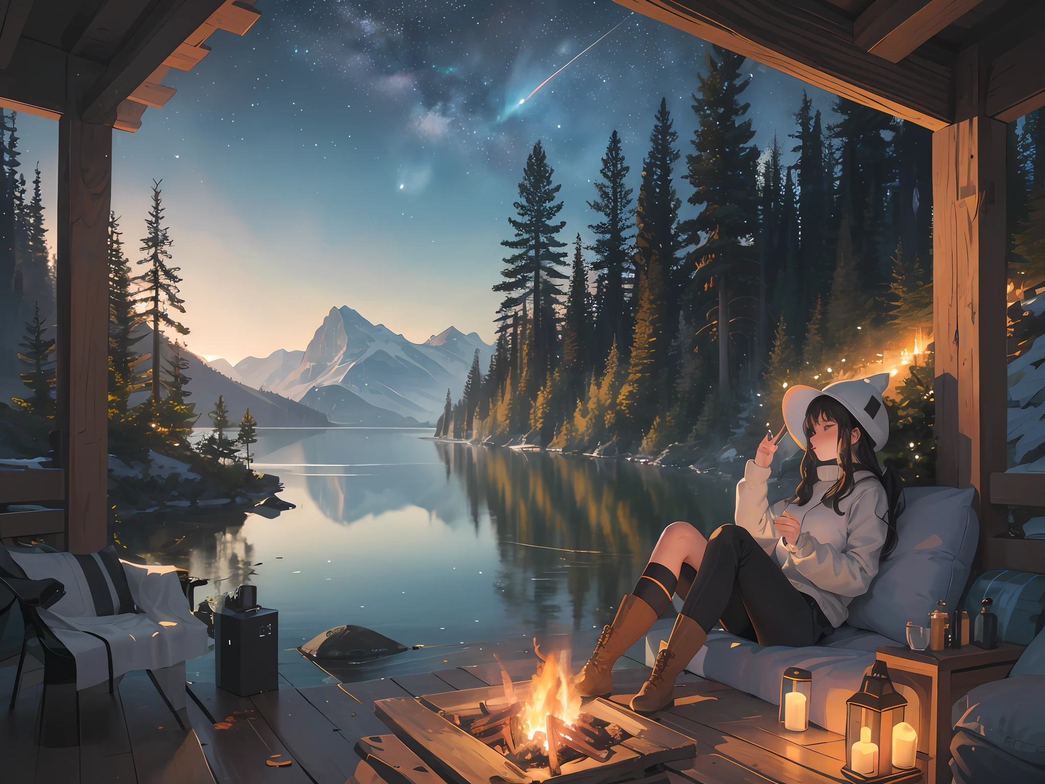 masterpiece, best quality, ultra-detailed, illustration, 1girl, solo, outdoors, camping, night, mountains, nature, stars, moon, bonfire, tent, twin ponytails, green eyes, cheerful, happy, backpack, sleeping bag, camping stove, water bottle, mountain boots, gloves, sweater, hat, flashlight, forest, rocks, river, wood, smoke, shadows, contrast, clear sky, constellations, Milky Way, peaceful, serene, quiet, tranquil, remote, secluded, adventurous, exploration, escape, independence, survival, resourcefulness, challenge, perseverance, stamina, endurance, observation, intuition, adaptability, creativity, imagination, artistry, inspiration, beauty, awe, wonder, gratitude, appreciation, relaxation, enjoyment, rejuvenation, mindfulness, awareness, connection, harmony, balance, texture, detail, realism, depth, perspective, composition, color, light, shadow, reflection, refraction, tone, contrast, foreground, middle ground, background, naturalistic, figurative, representational, impressionistic, expressionistic, abstract, innovative, experimental, unique