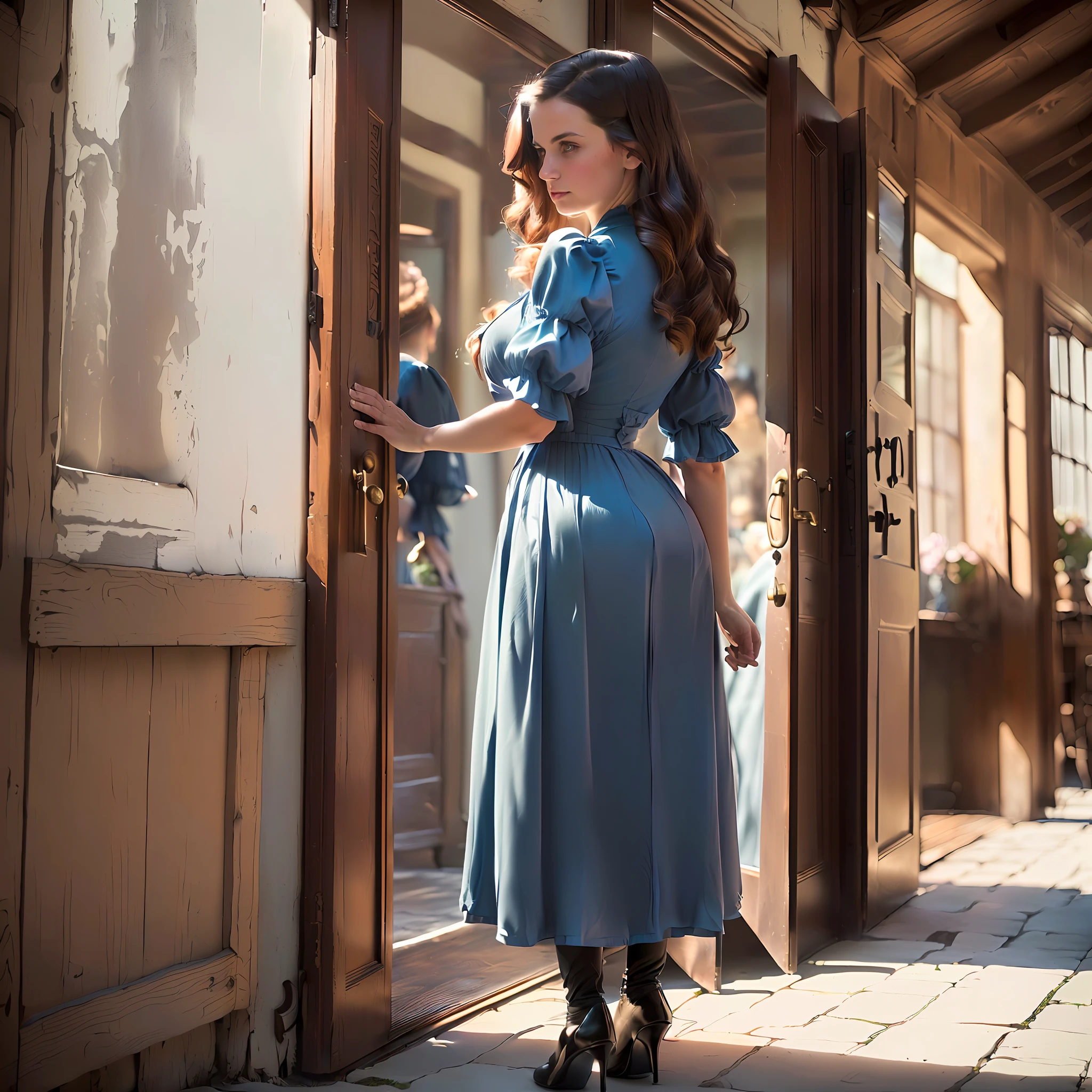 There is a woman standing in front of the door with a purse, Victorian blue dress, Full length shot, Full length view, In a blue dress, Photo from behind, Dressed in 1890s clothes, Portrait shot by Marshall Arisman, From behind, Victorian style clothing,black hair, morning light, rear shot, gorgeous woman, leaning against the door