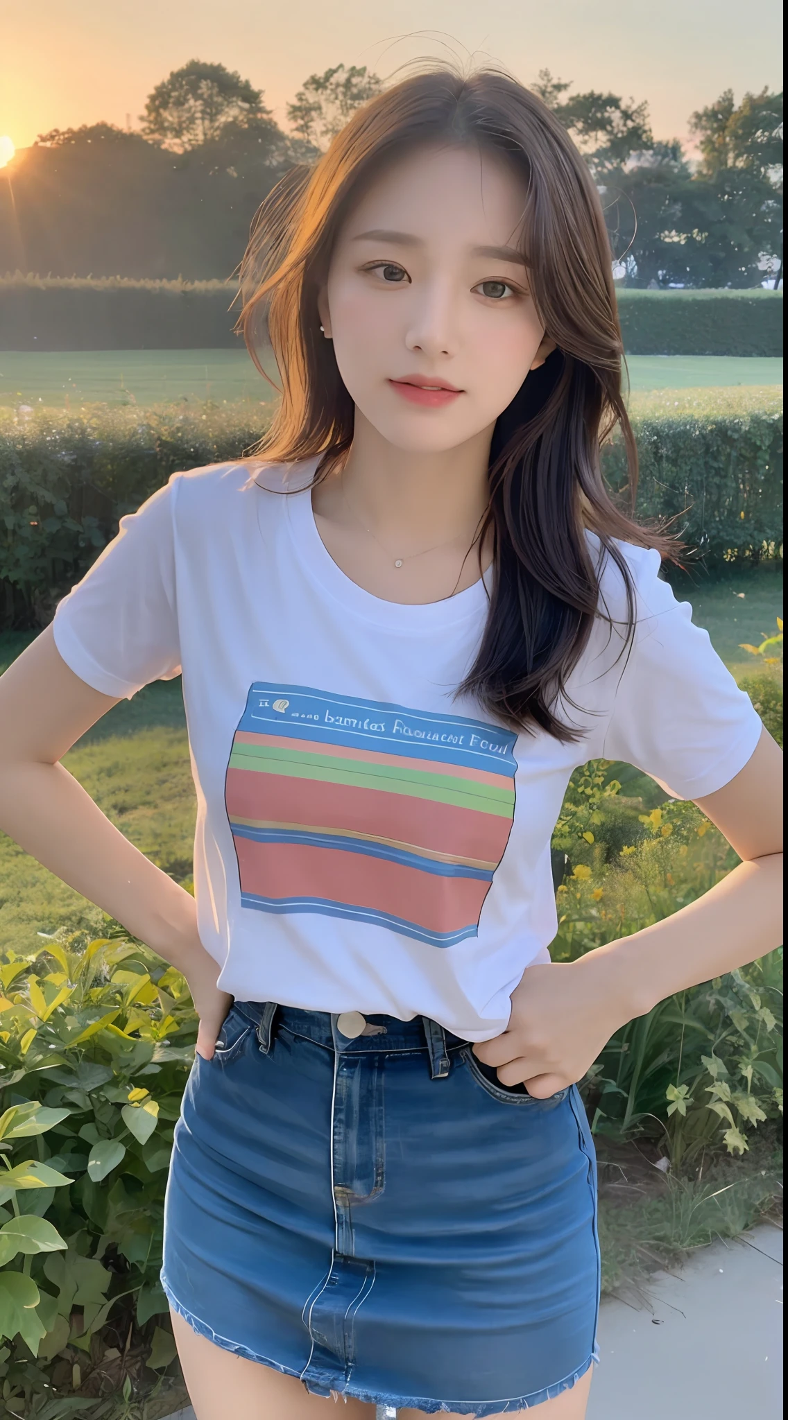 ((Best Quality, 8K, Masterpiece: 1.3)), Focus: 1.2, Perfect Body Beauty: 1.4, Buttocks: 1.2, (Layered Haircut: 1.2)), , (Farm, Sunset: 1.3), Highly detailed face and skin texture, Full body, fine eyes, Double eyelids, Whitened skin, Long hair, (Round face: 1.5), (T-shirt, hip skirt: 1.6)