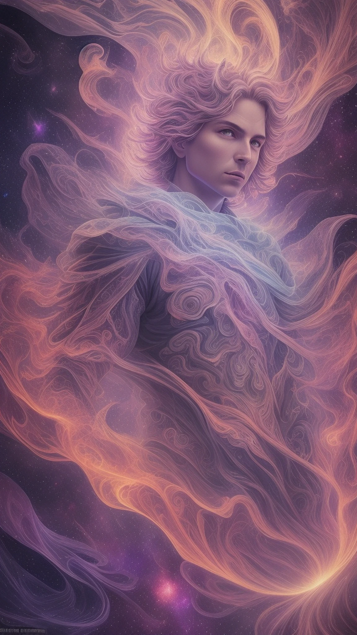 inconceivable and spectacular a scene of emergence of a masculine figure from the glowing cloud, fractal nebula threads, cosmic entities, celestial, cosmic, vibrant and vivid, swirls, twirling, unrealistic, high contrast, symobolism, magical, mystical, mystifying, hyperrealistic, oversaturate, colorfully