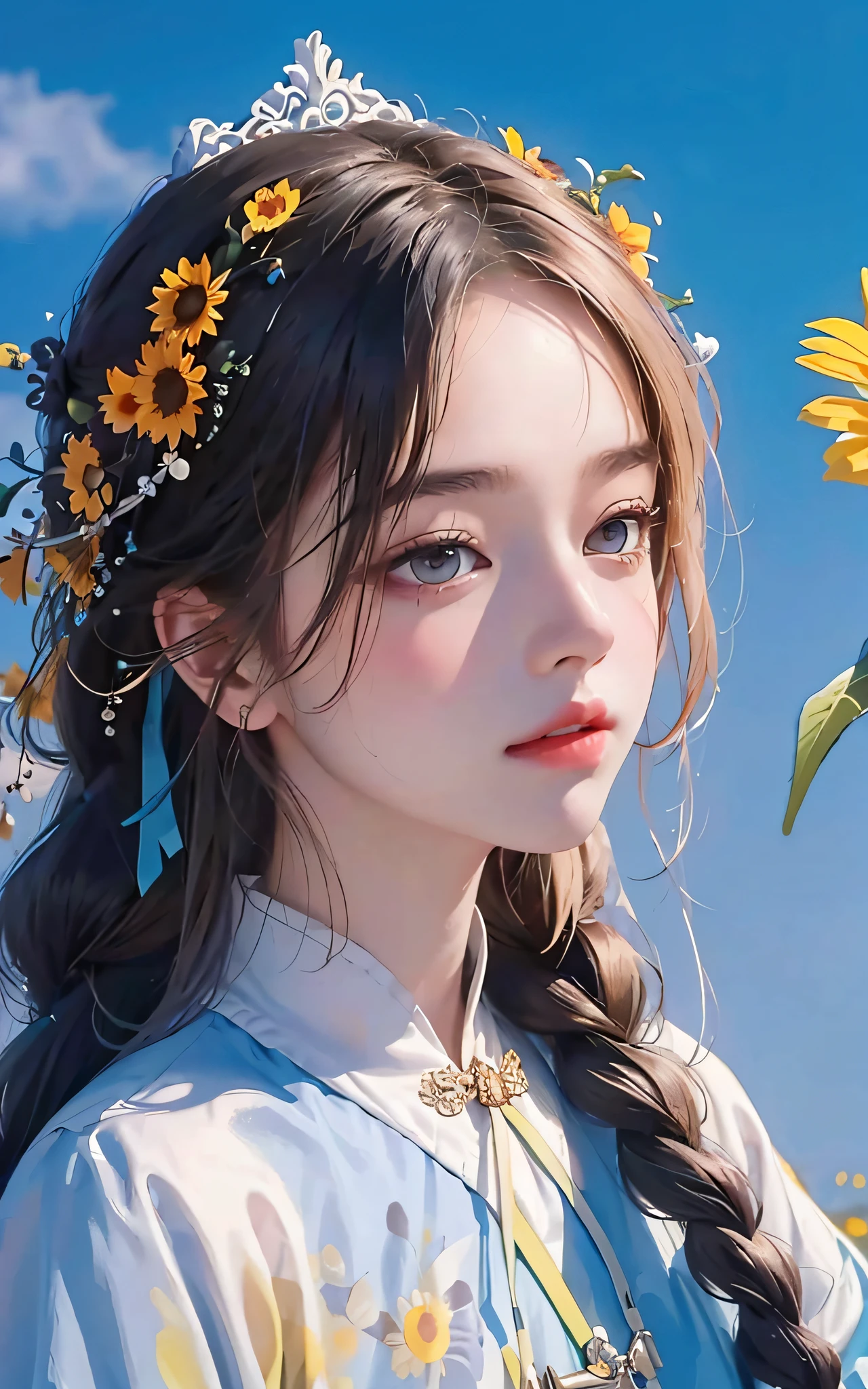 (4K quality, a masterpiece) A girl. He wears a sunflower straw hat and braids on his head. The background is a large field of sunflowers, rendered in oil painting style, with black hair in ultra high definition.