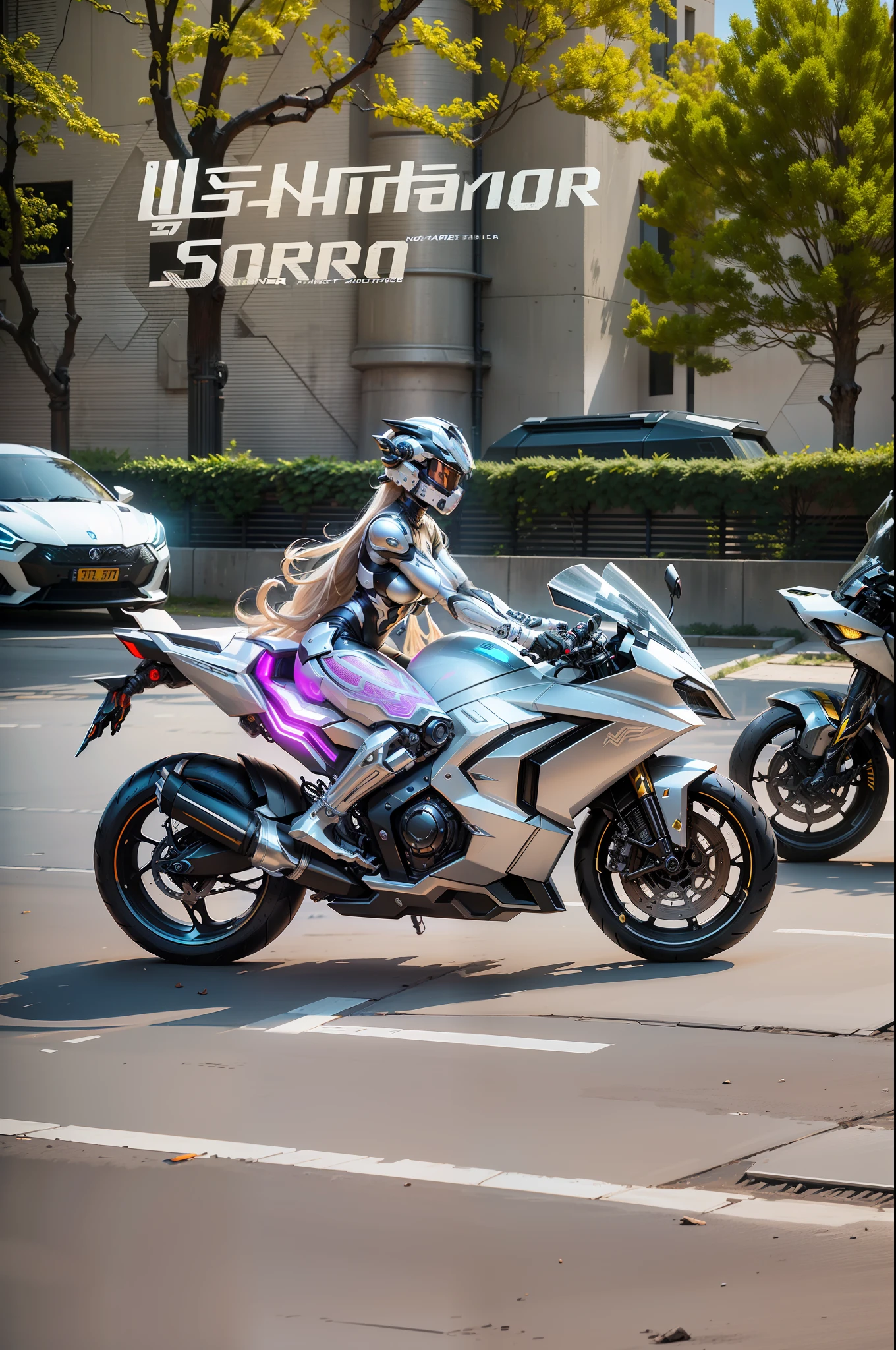 Cyber Warrior Woman and Cyber Mechanical Motorcycle, Full Body Exquisite High-Tech Armor, Exquisite Black Tech Helmet, Nousr, Biomechanics, MSHN Robot Man, High-Tech Helmet, Surreal, Steel, Intricate Design, Crazy Details, Fine Details, Extremely Clear Lines, Cinematic Lighting, Photo Realistic, Detailed Masterpiece