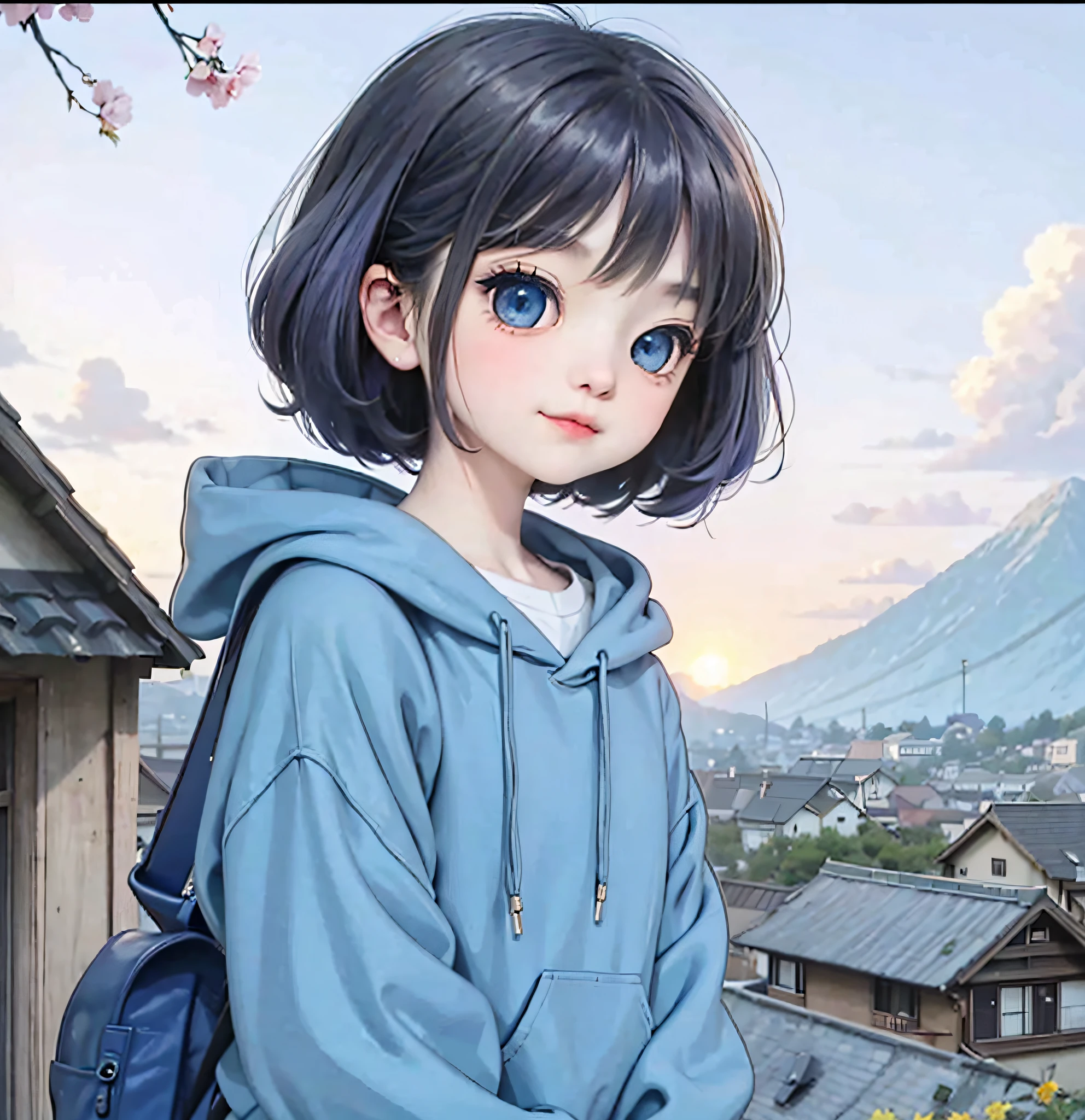 anime girl with blue eyes and a backpack standing in front of a mountain, kawaii realistic portrait, anime style. 8k, anime visual of a cute girl, realistic anime 3 d style, anime realism style, anime style portrait, in anime style, young anime girl, cute anime girl, in an anime style, realistic anime artstyle, anime style 4 k, an anime girl