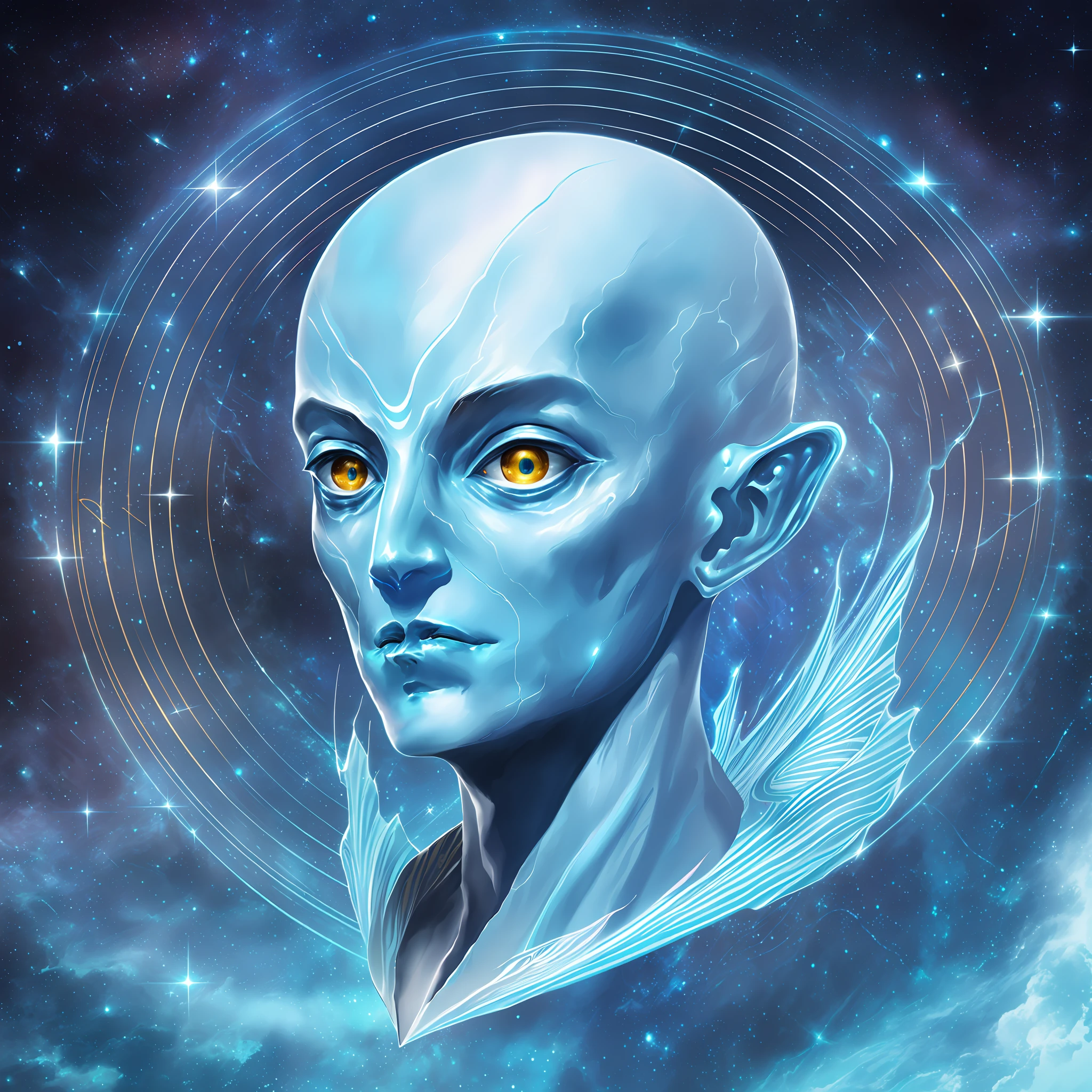 Create a foreign body person, portrait of a bluish alien, portrait of a humanoid alien, djinn human hybrid, sci-fi digital art illustration, portrait of a space alien, portrait of a cosmic entity, godrays digital painting, on the astral plane.