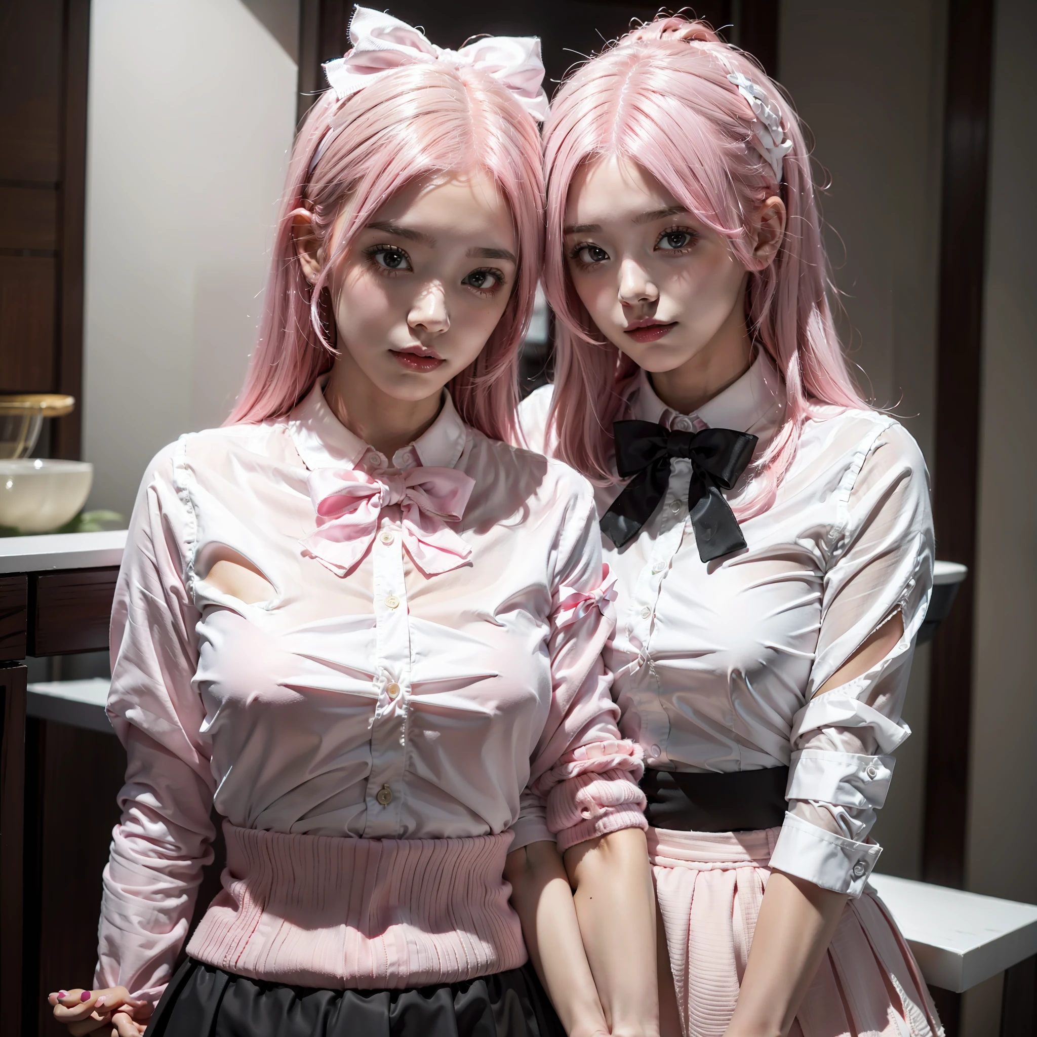 Two girls with pink hair, white blouse, pink bows. Short black skirt, cute