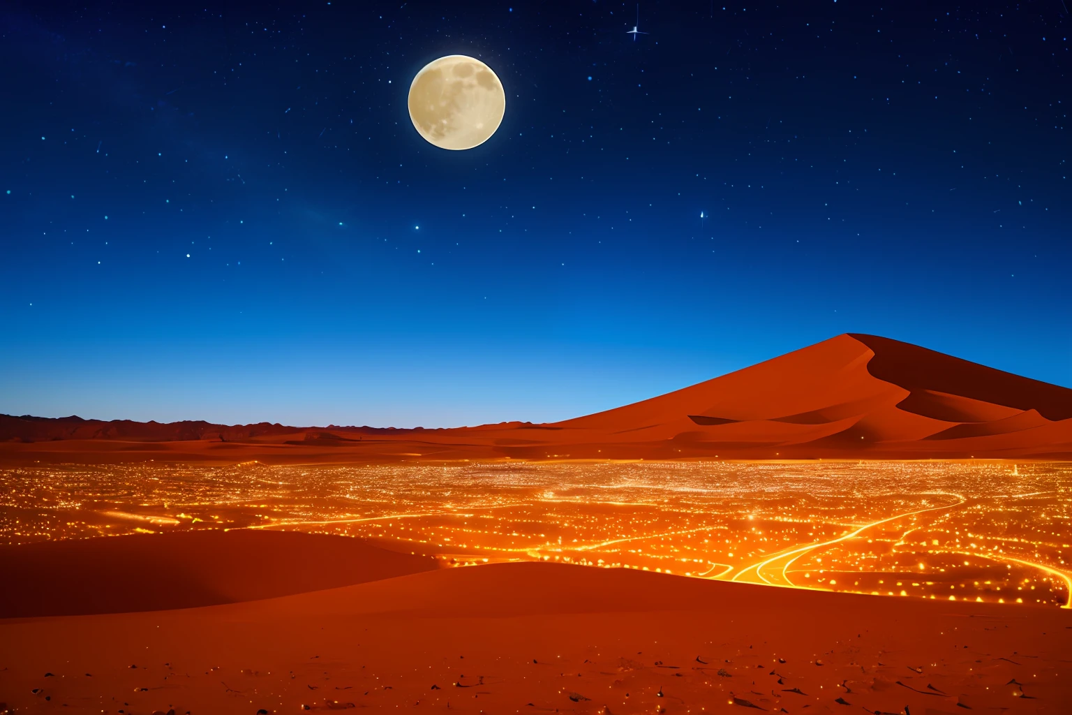 Twinkling star in the Desert night Sky surrounded by millions of Star and a Full moon