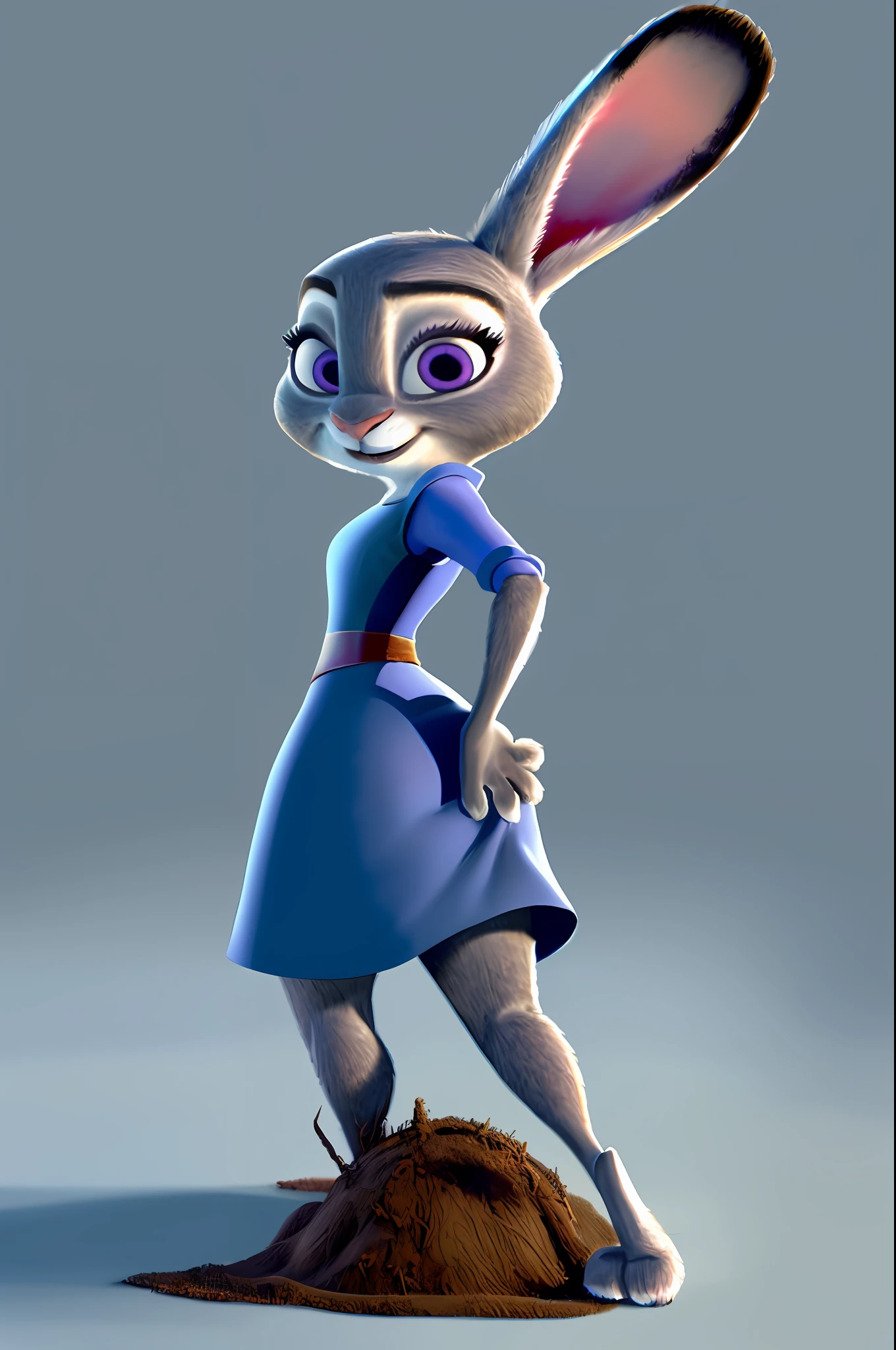 zootopia, disney, judy hopps, anthro, mammal, soil, lagomorph, leporid, rabbit, female, hi res, clothing, dress, simple background, skin, looking at viewer, multicolored ears, gray skin, purple eyes, attractive smile, back vision, back to camera, average ass