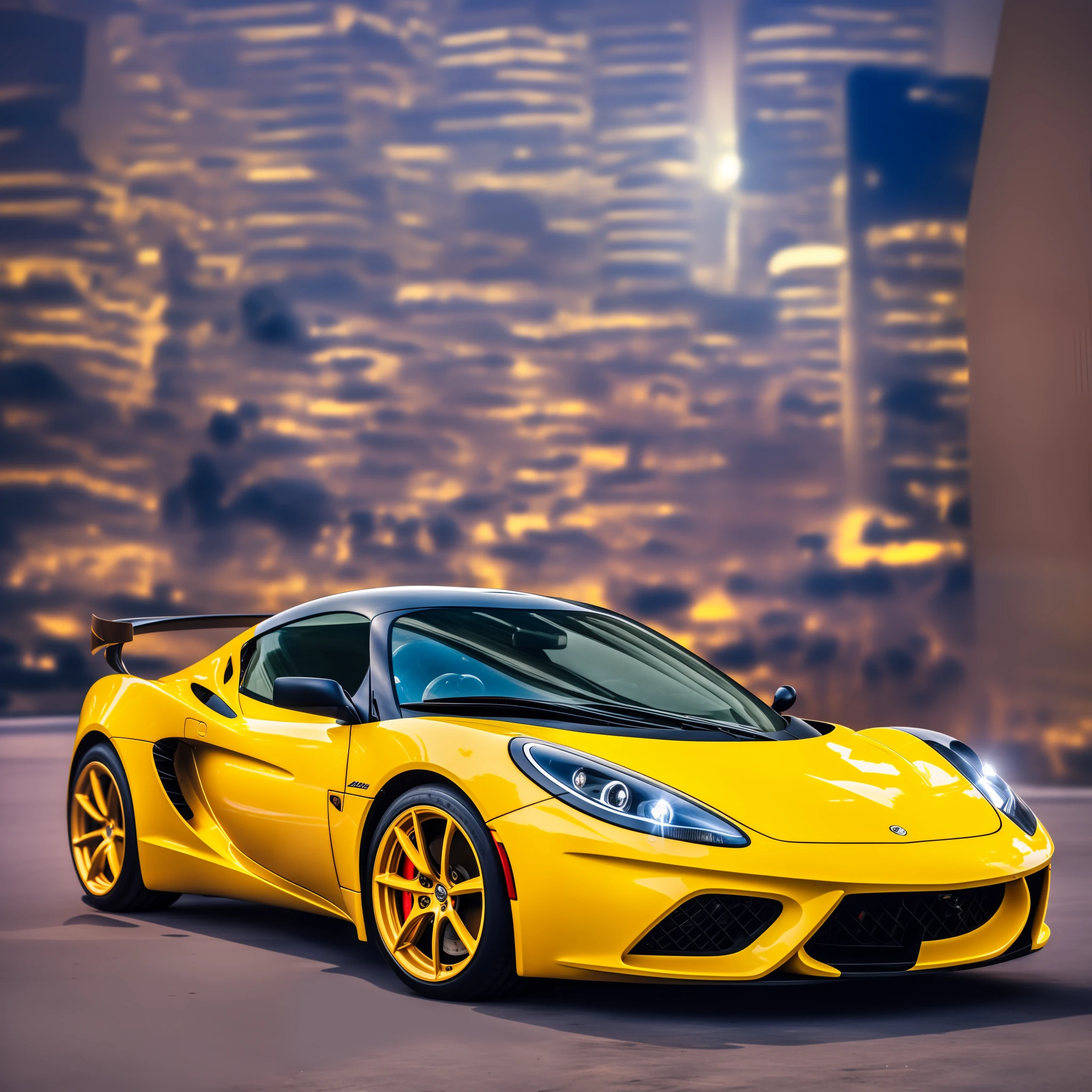 Sports car, lotus hot wheels type, in yellow color, hyper-realism, photographic, high-speed, urban center, grandiose buildings, colorful, luminous at night, cinema lighting. --auto --s2