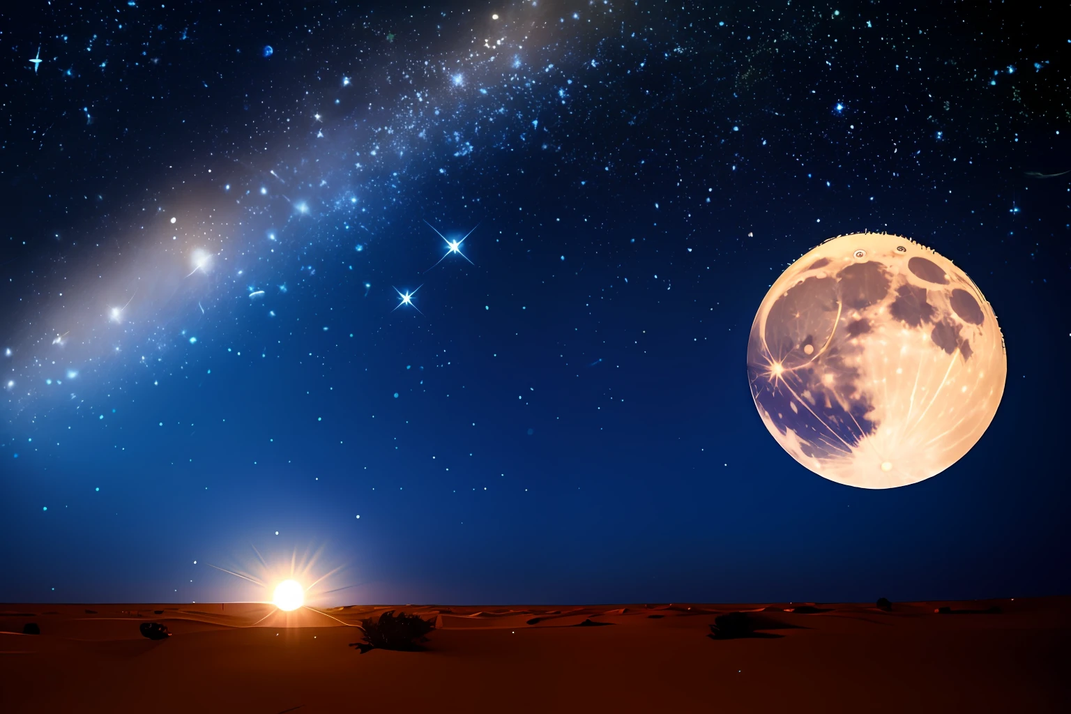 Twinkling star in the Desert night Sky surrounded by millions of Star and a Full moon