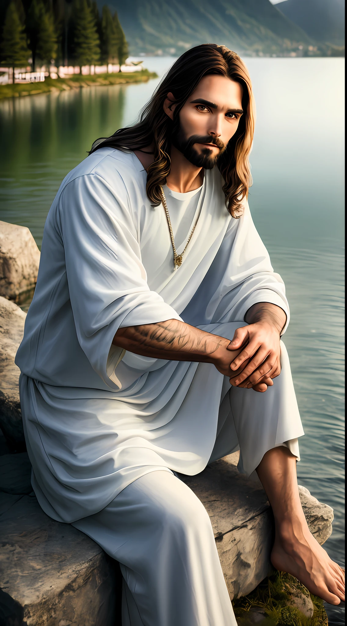 portrait of modern Jesus, sitting,lakeside, cinematic lighting, depth of field, bokeh, realism, photorealistic, hyperrealism, professional photography, uhd, dslr, hdr