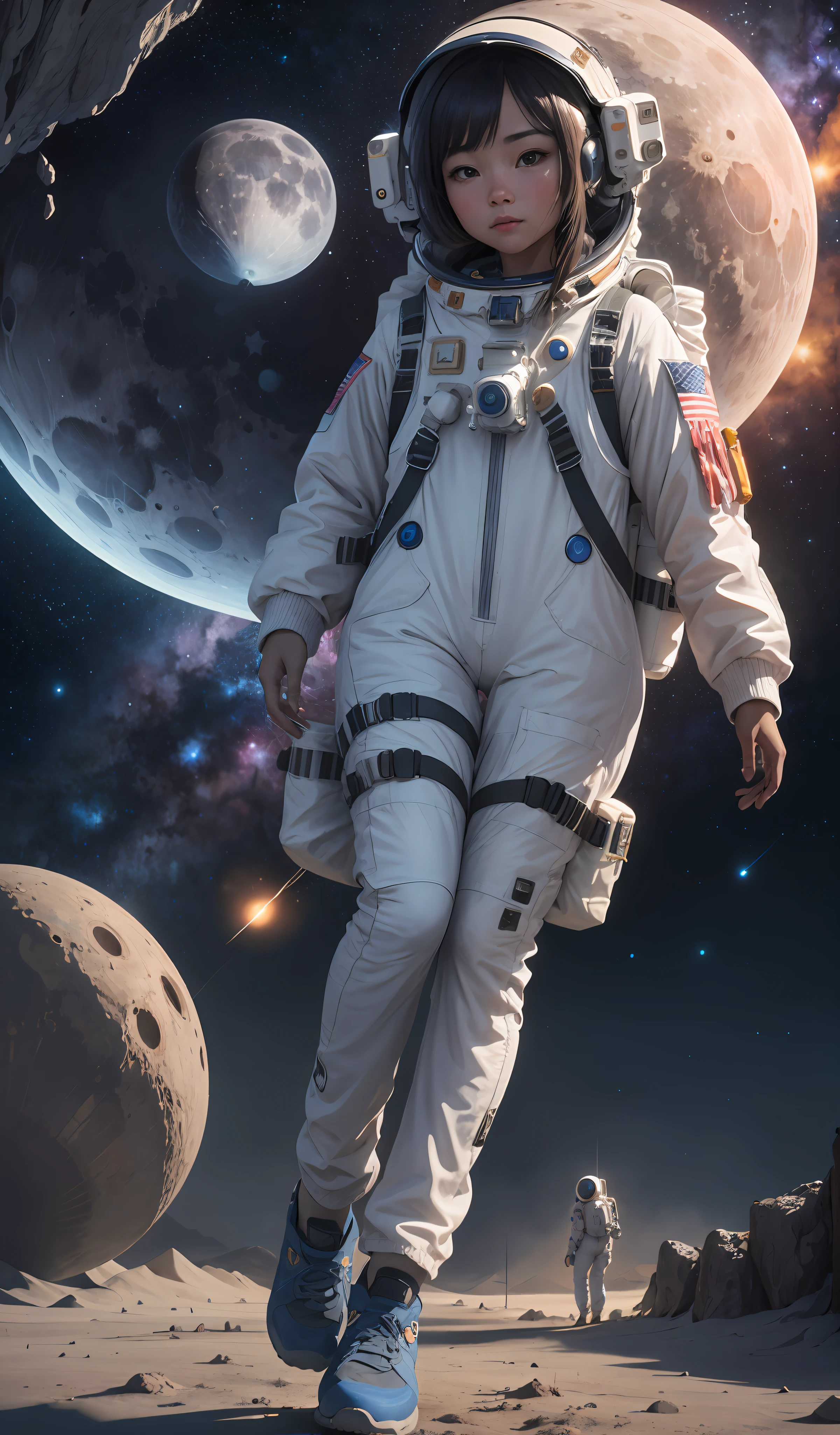 4k, realistic, very detail, there is a girl in the moon, she is an astronout, galaxy theme, soft clothes, long hair, wearing astronout pants, 25 years old, full body, wearing astronout shoes