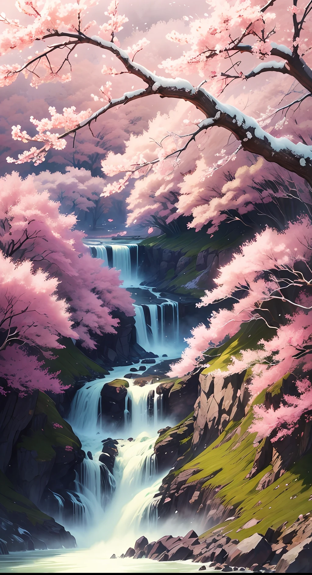 A beautiful water fall surrounded by cherry blossom trees in the clouds --auto --s2