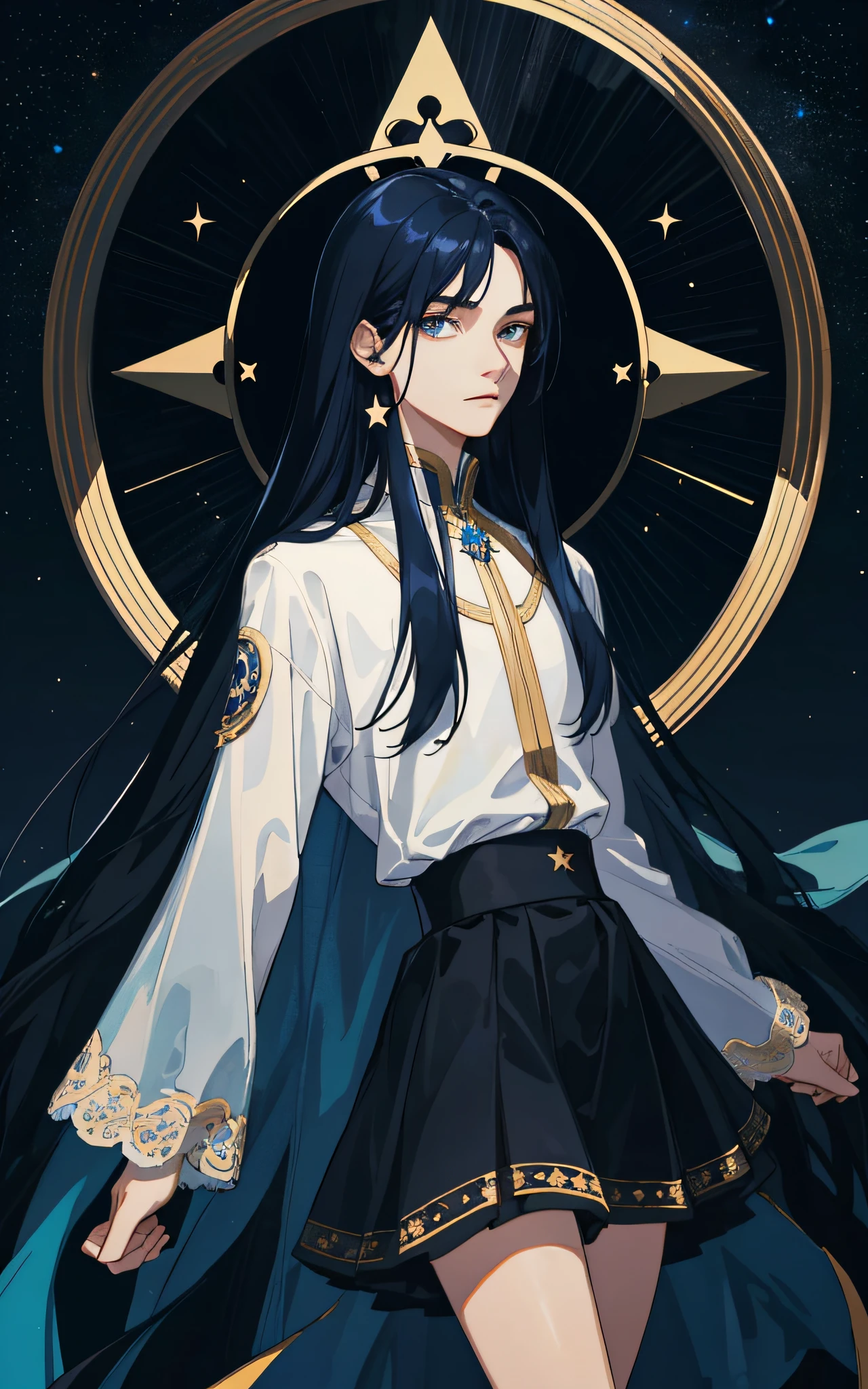 Masterpiece, best quality, ager, male, long dark blue hair, straight hair, Qi bangs, expressionless, intricate details, delicate face, prominent face, delicate black skirt, dark night, starry sky, stars, black, blue, gold, black background