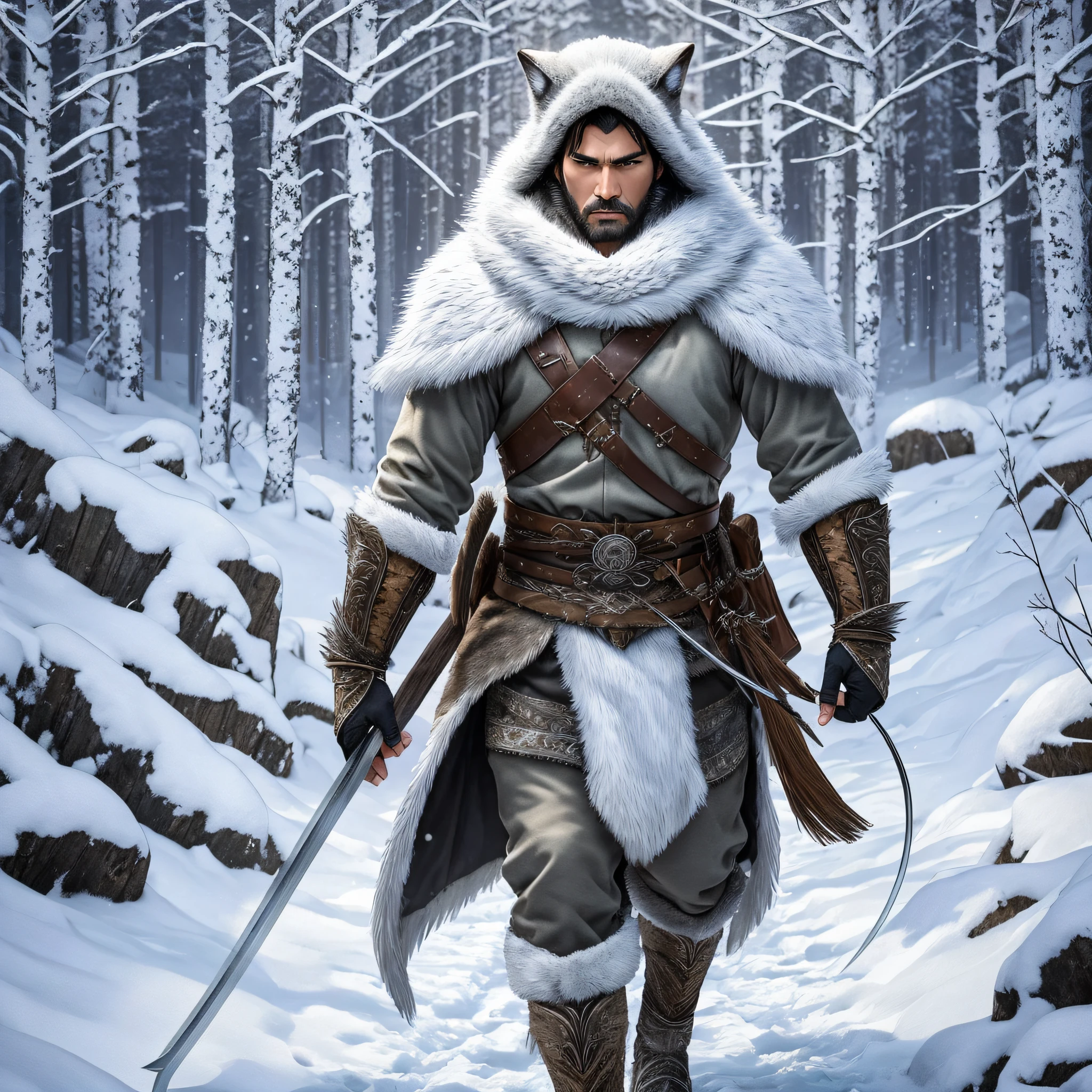 A wild winter hunter man, an outfit made of white wolf, automatically walks through the landscape of a winter forest. His black hair falls over his expressive and angry face as he firmly holds a bow and arrow in one hand. At 48, he is a true master of the art of hunting. The image is a high-quality, detailed representation, captured in 8k for a realistic experience. --auto --s2