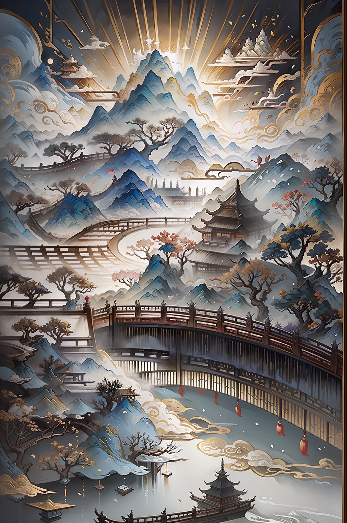 ancient chinese painting, ancient chinese background, mountains, river, auspicious clouds, pavilions, sunlight, masterpiece, super detail, epic composition, ultra hd, high quality, extremely detailed, official art, unified 8k wallpaper, super detail, 32k