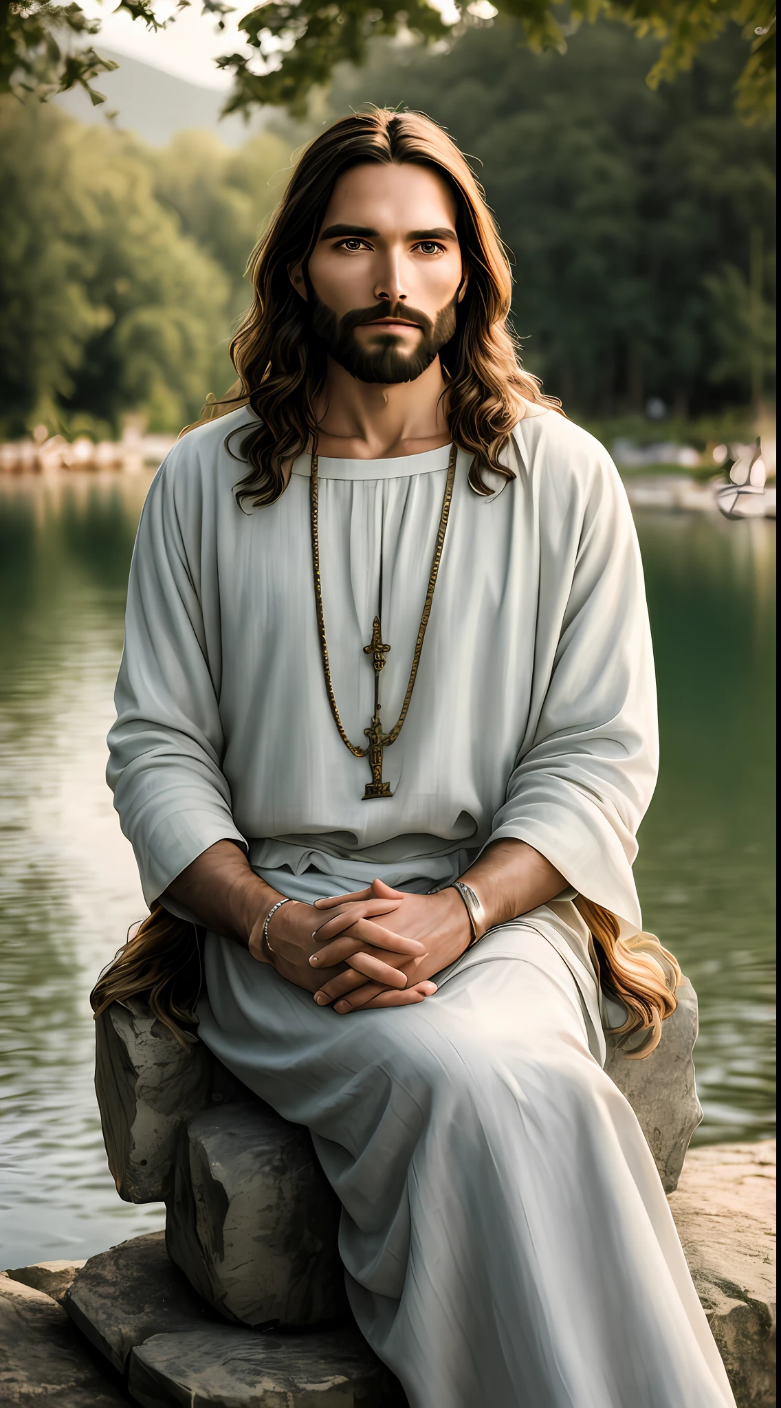 portrait of modern Jesus, sitting,lakeside, cinematic lighting, depth of field, bokeh, realism, photorealistic, hyperrealism, professional photography, uhd, dslr, hdr