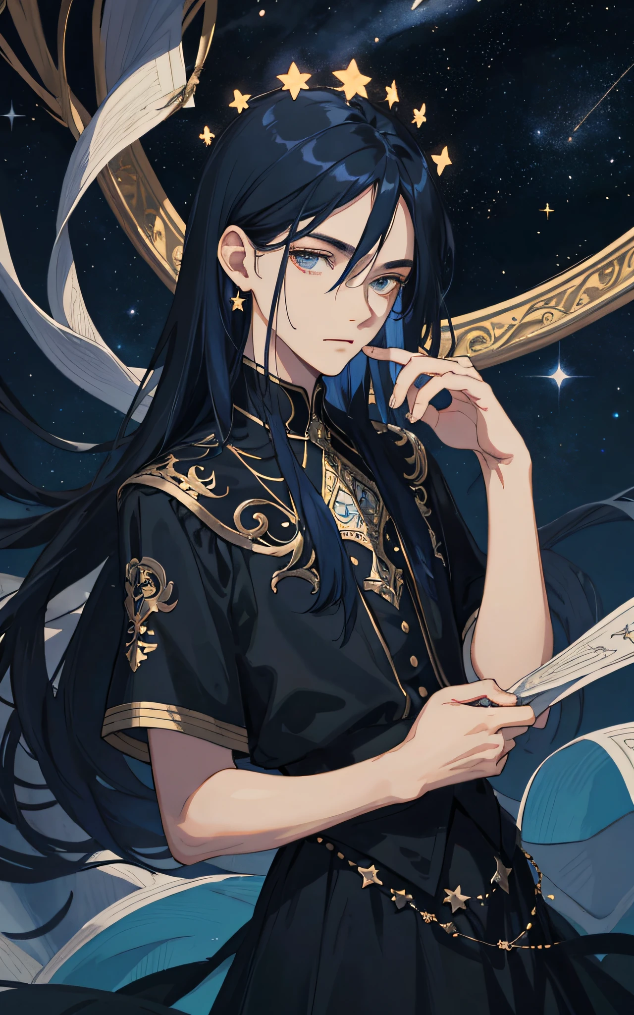 Masterpiece, best quality, ager, male, long dark blue hair, straight hair, Qi bangs, expressionless, intricate details, delicate face, prominent face, delicate black skirt, dark night, starry sky, stars, black, blue, gold, black background