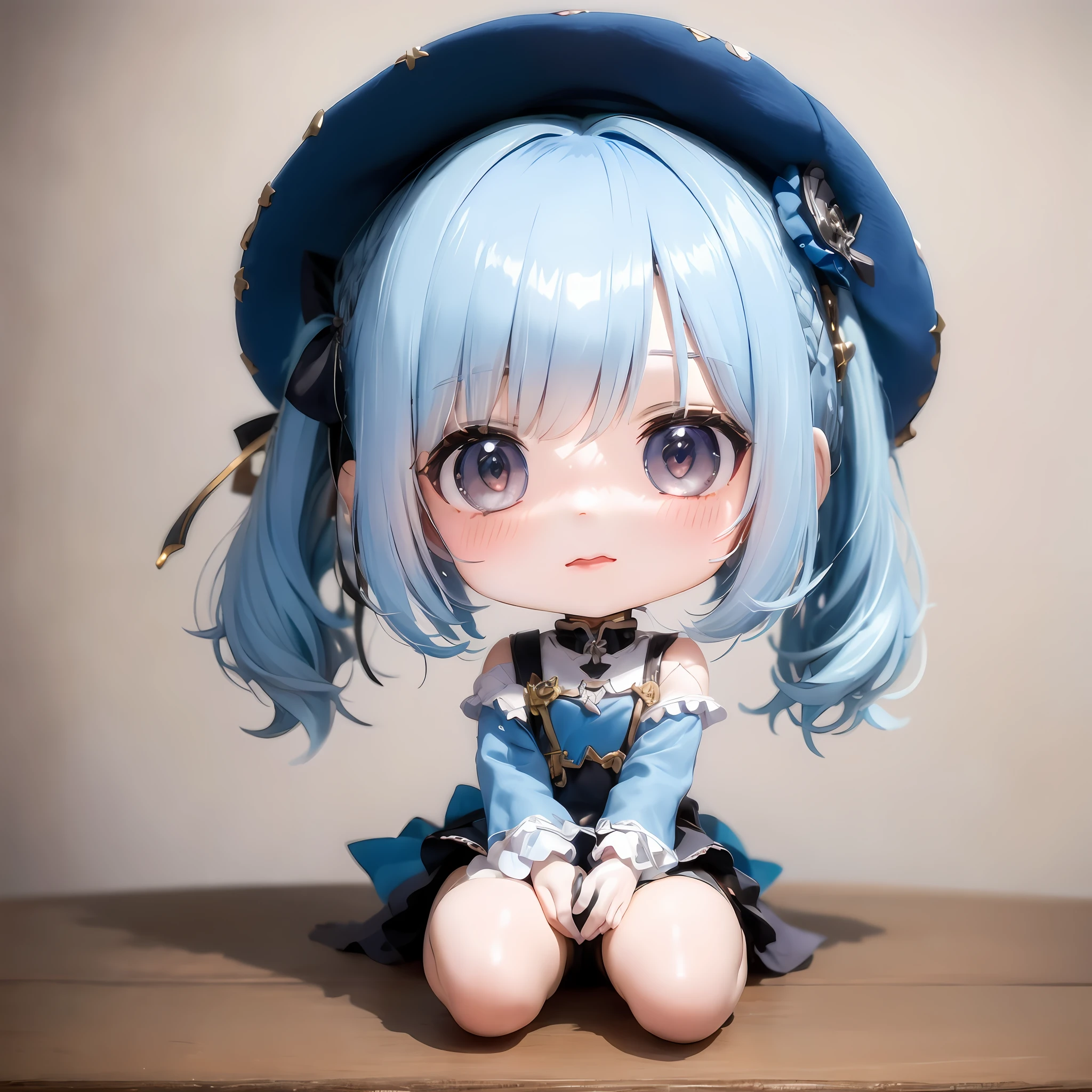 A doll in a hat sitting on a table drinking Coke, watercolor Nendoroid. The style is like Nendoroid, little curvy ****, and realistic portraits of kawaii. She is a little **** girl with sad azure eyes and Mikudayo designed by Nendroid. This shot was captured with a Canon EOS R 6.