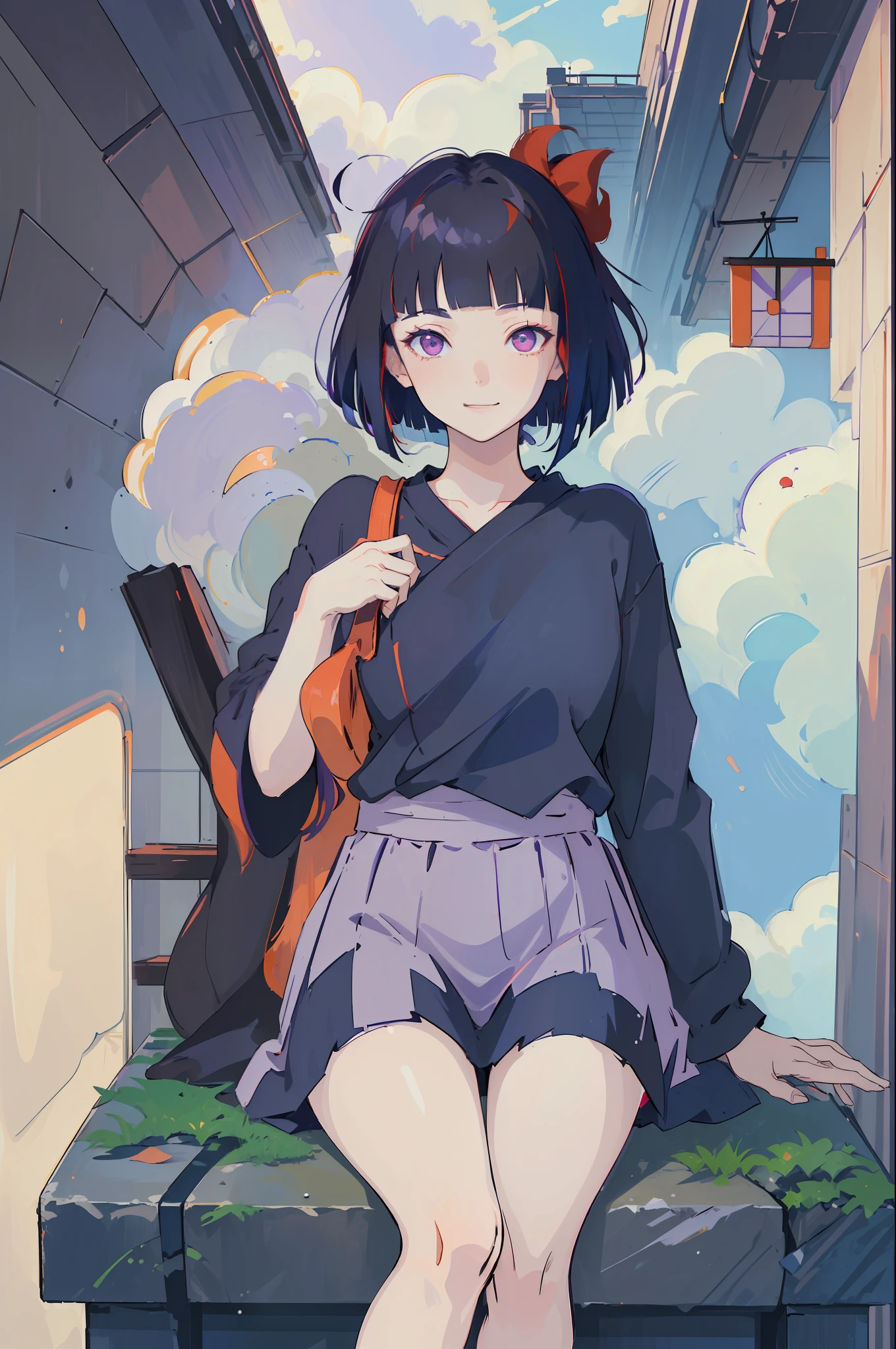 (masterpiece:1.4), (best quality:1.4), (high resolution:1.4),1girl, kiki, black robe, (red hair bow:1), looking at viewer, smile,   black_cat, red shoes, (blunt bangs:1.3), (dark blue hair:1.3), (purple eyes:1.3), hinata/(boruto/), long hair