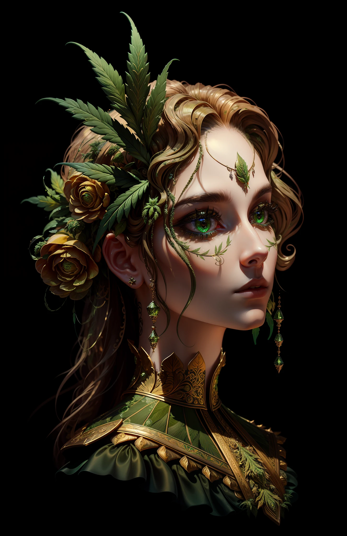 ((best quality)), ((masterpiece)), ((realistic)), Cannabis sprite, the hair is composed of cannabis leaves, green eyes, female face, metal carved top, royal aura, trend on artstation , sharp focus, studio photo, intricate detail, very detailed, detailed eye, illustration, very detailed, sharp focus, digital render, professional, 4k