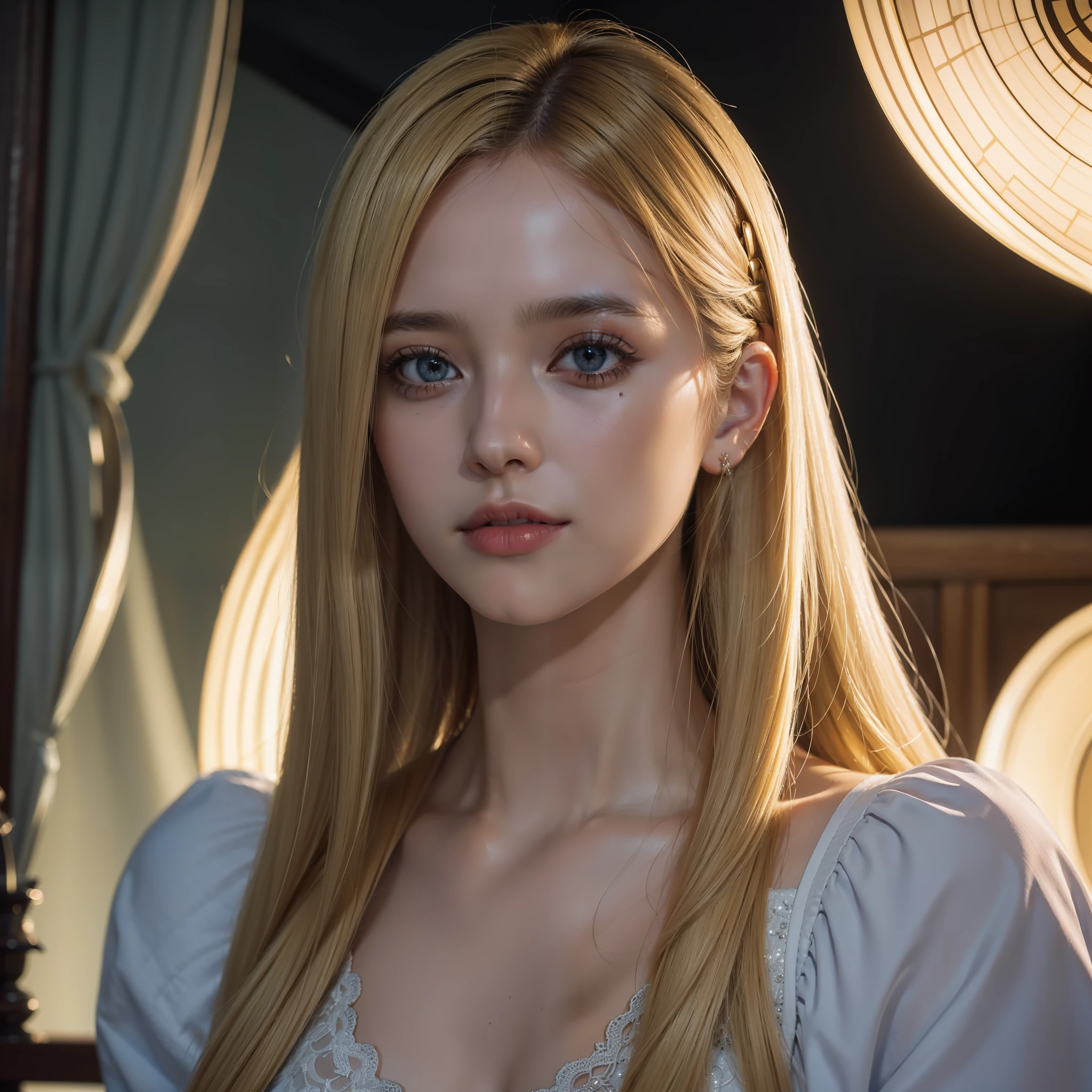 At night, RAW photo, (((extremely beautiful portrait))), ((glistening skin)), 1girl, 31 years old girl from Prague, ((natural blonde hair)), [blue eyes], long hair, eyeliner, fluttering hair, vibrance, ((masterpiece, best quality, hyper detailed, Cinematic light, intricate details, highres, 8k, extremely detailed)), detailed background, 8k uhd, dslr, soft lighting, high quality, film grain, Fujifilm XT3, shallow depth of field, natural light, (perfect hands), perfect face, view from a distance