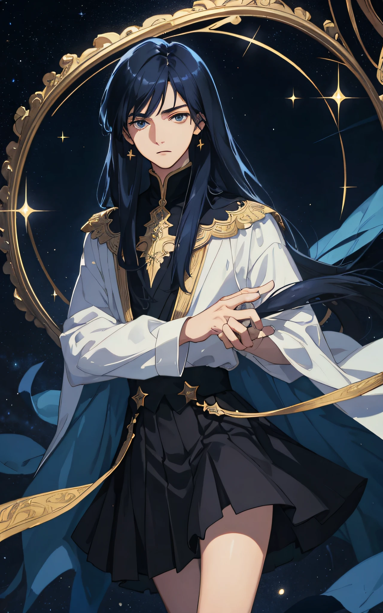 Masterpiece, best quality, teenager, male, long dark blue hair, straight hair, Qi bangs, expressionless, intricate details, delicate face, prominent face, delicate black skirt, dark night, starry sky, stars, black, blue, gold, black background