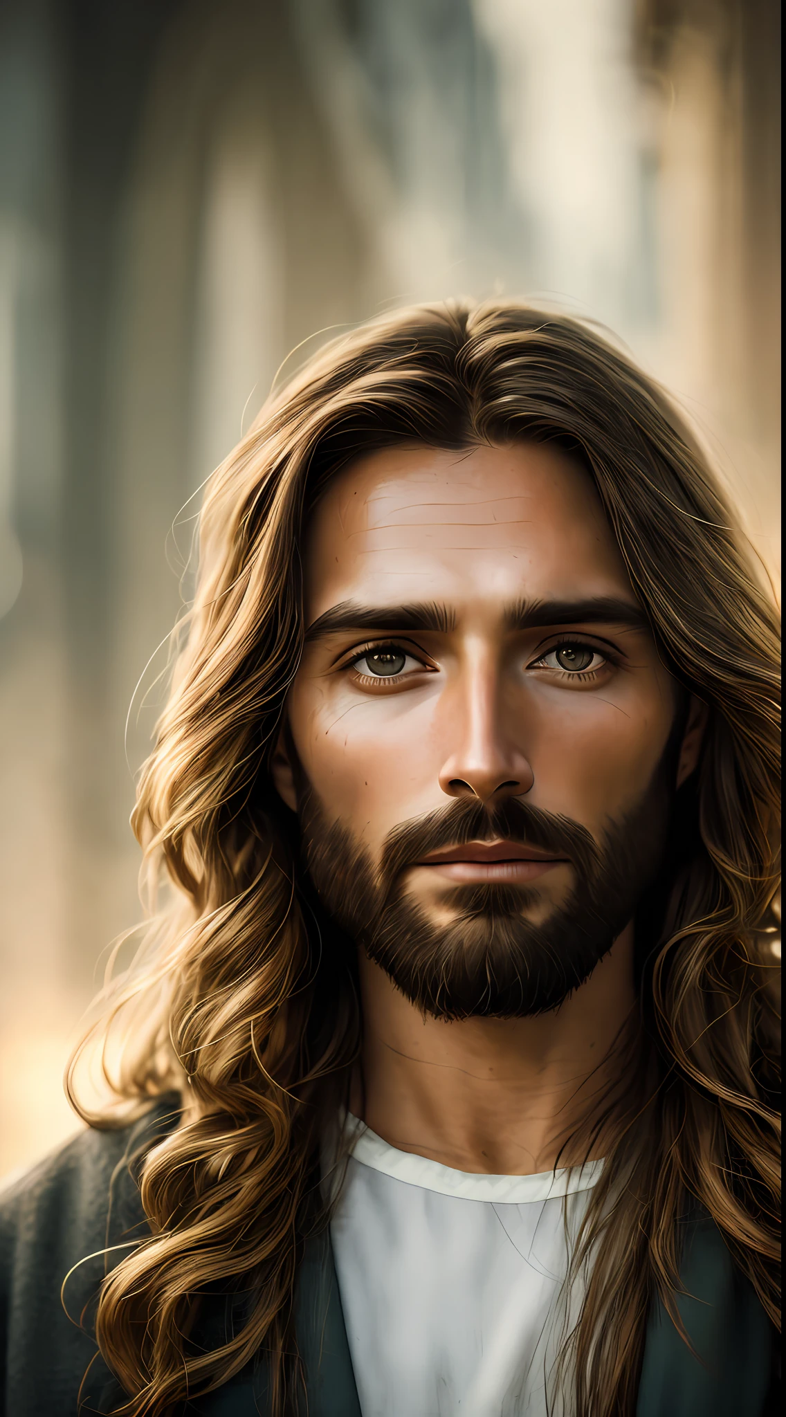 portrait of modern jesus, background landscape, cinematic lighting, depth of field, bokeh, realism, photorealistic, hyperrealism, professional photography, uhd, dslr, hdr