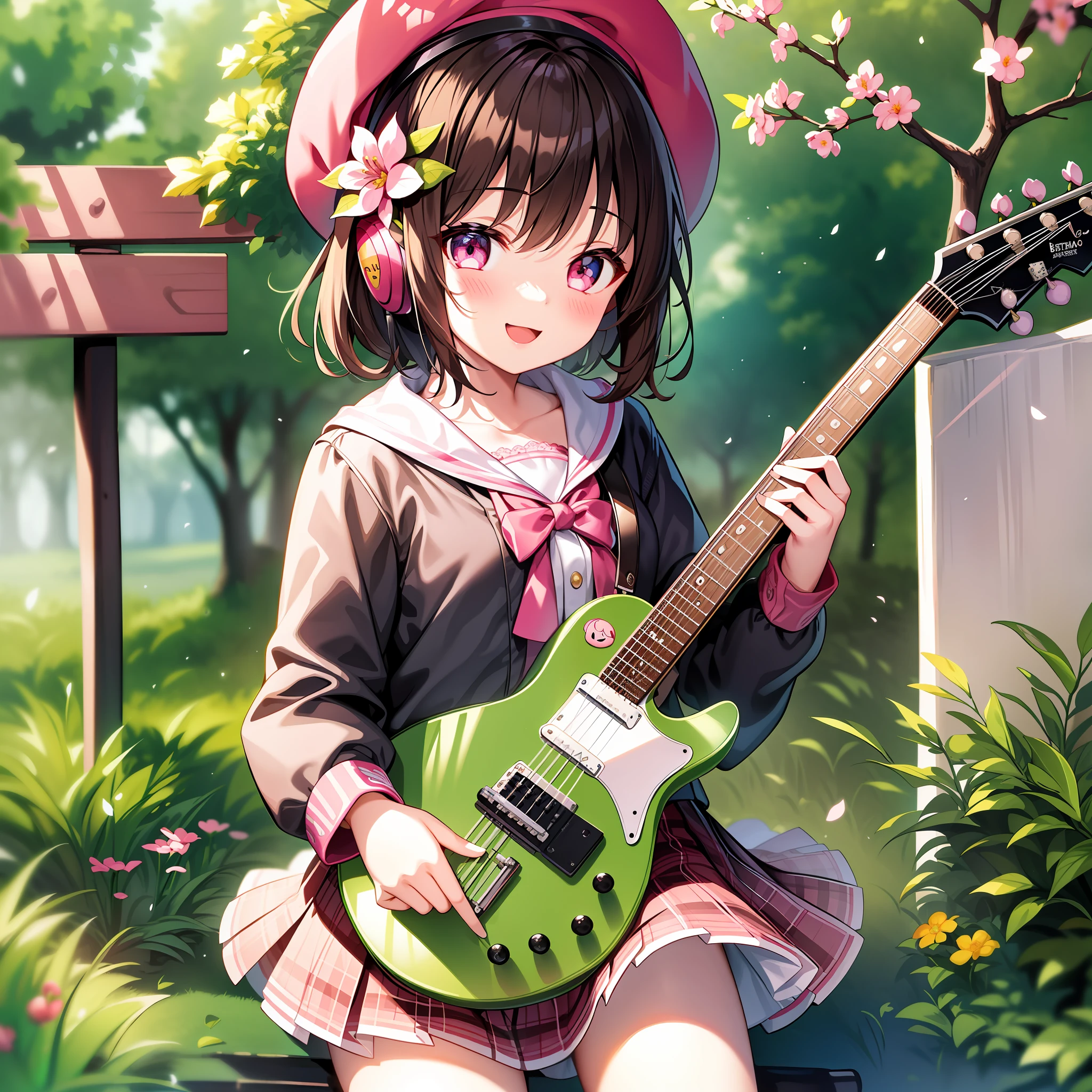 (masterpiece),(best quality),(ultra-detailed), (full body:1.2), 1girl,chibi,cute, smile, open mouth, flower, outdoors, playing guitar, music, beret, holding guitar, jacket, blush, tree, :3, shirt, short hair, cherry blossoms, green headwear, blurry, brown hair, blush stickers, long sleeves, bangs, headphones, black hair, pink flower, (beautiful detailed face), (beautiful detailed eyes),
