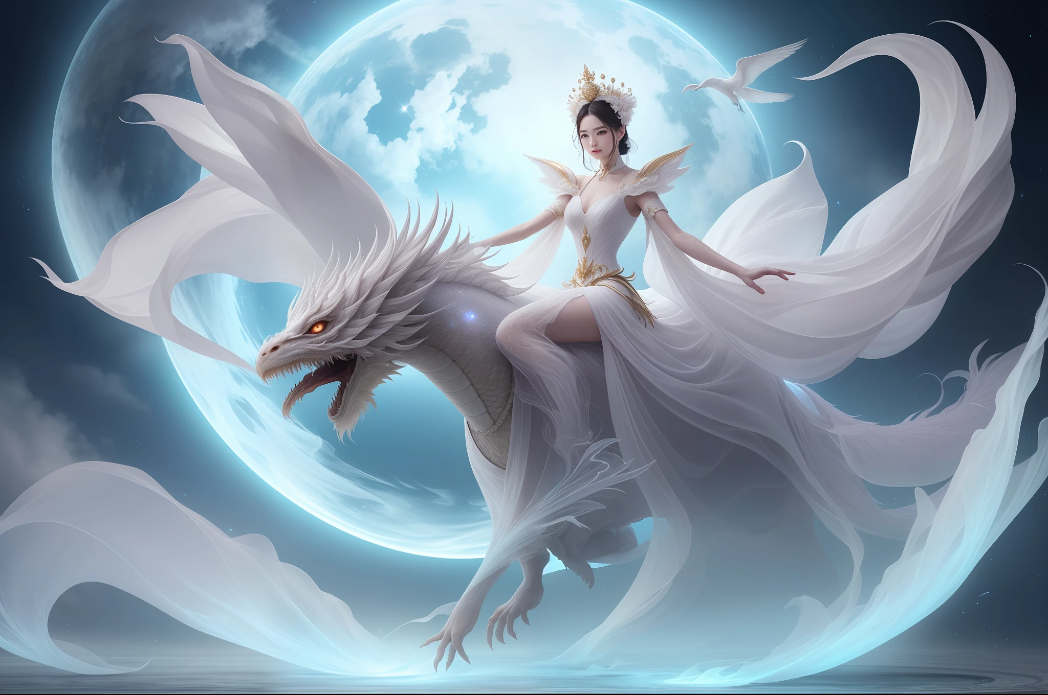In a captivating image, an elegant woman clad in a white Chinese gown glides through the sky atop a mythical Chinese dragon. As they traverse the heavens, her flowing gown and the dragon's iridescent scales create a mesmerizing vision of harmony and otherworldly beauty.
hdr, (photorealism, masterpiece quality, best quality), , pureerosface_v1,ulzzang-6500-v1.1,