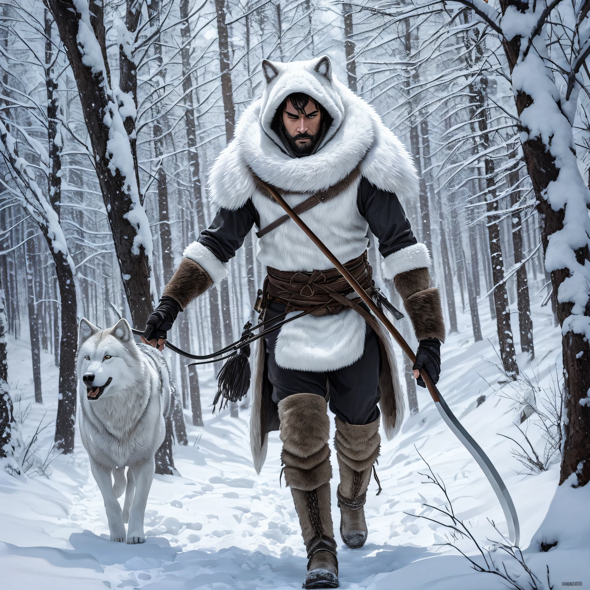 A wild winter hunter man, an outfit made of white wolf, automatically walks through the landscape of a winter forest. His black hair falls over his expressive and angry face as he firmly holds a bow and arrow in one hand. At 48, he is a true master of the art of hunting. The image is a high-quality, detailed representation, captured in 8k for a realistic experience. --auto --s2