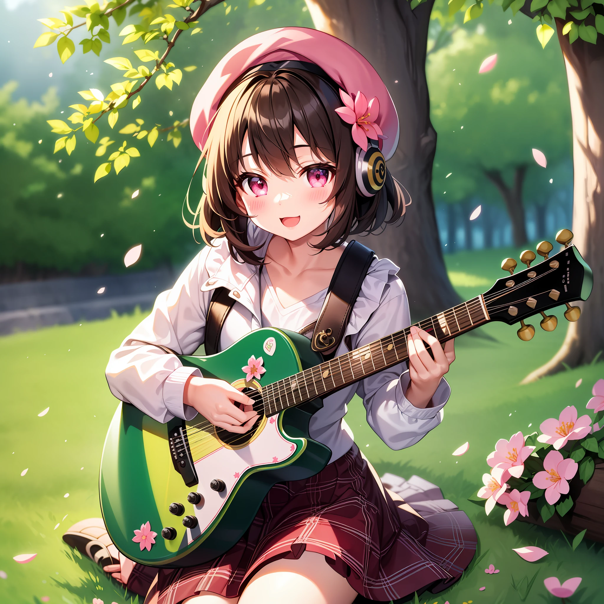 (masterpiece),(best quality),(ultra-detailed), (full body:1.2), 1girl,chibi,cute, smile, open mouth, flower, outdoors, playing guitar, music, beret, holding guitar, jacket, blush, tree, :3, shirt, short hair, cherry blossoms, green headwear, blurry, brown hair, blush stickers, long sleeves, bangs, headphones, black hair, pink flower, (beautiful detailed face), (beautiful detailed eyes),
