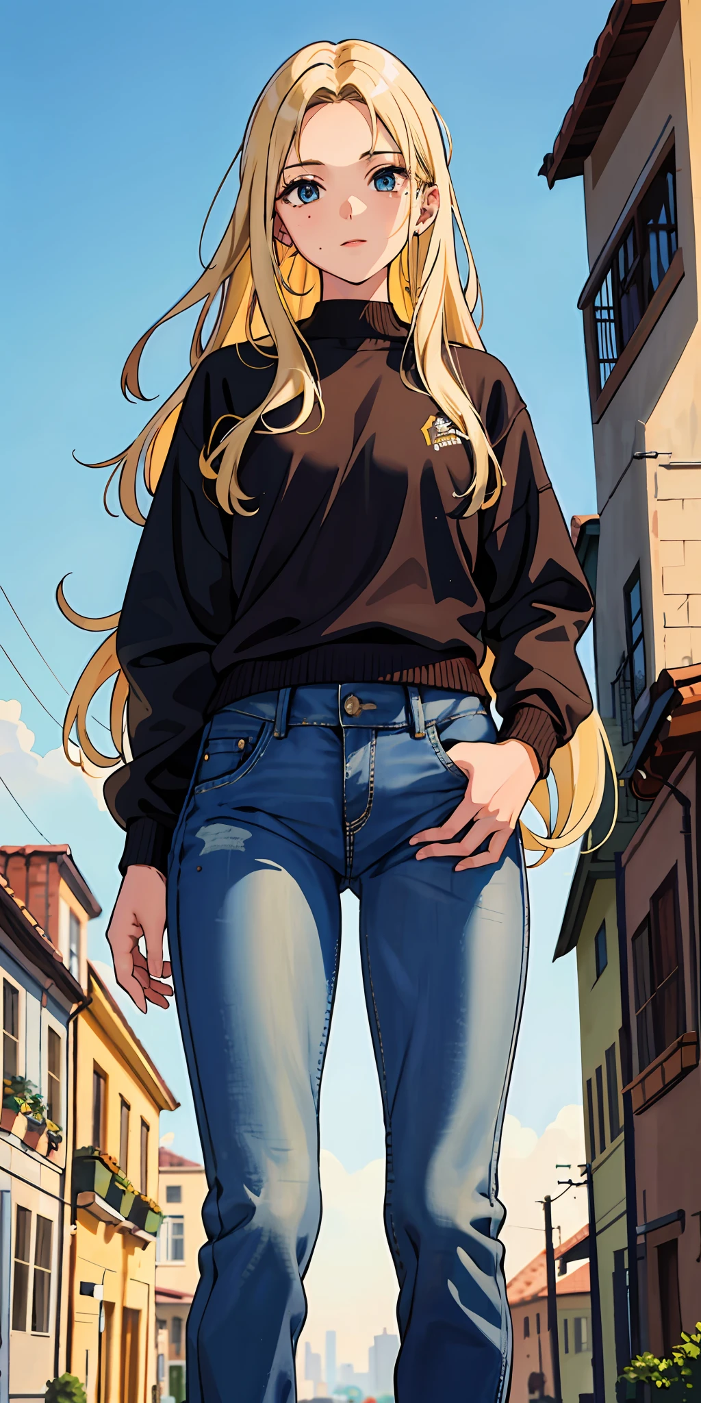 (top quality, masterpiece), 1 girl, 16 years old, stunning, cool, blonde long hair, brown skin, tan, jeans, long sleeves, 5 fingers, school, mole, small, small breasts