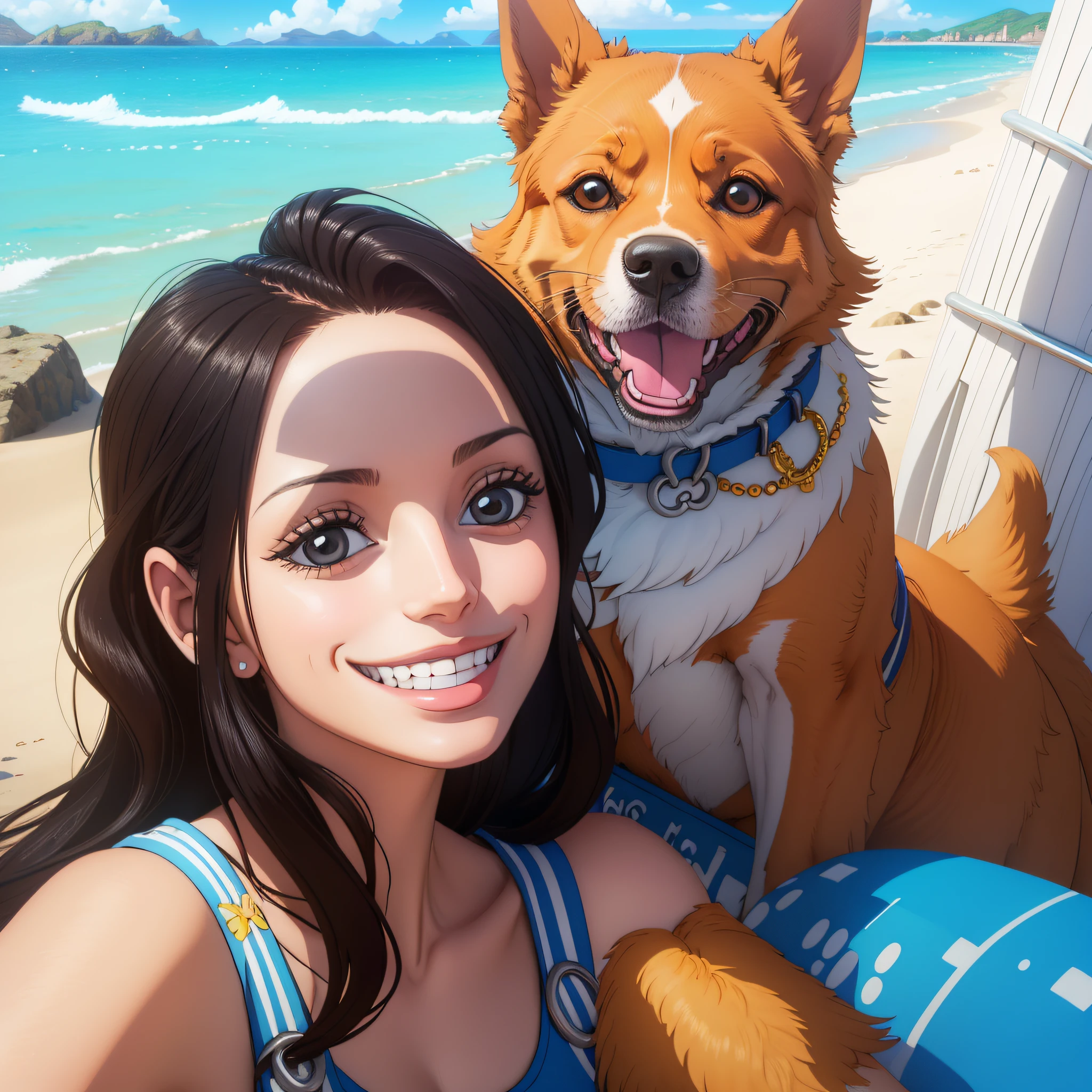 Smiling woman with dog on the beach on sunny day with blue sky, selfie of a dog, profile picture, selfie of a young woman, pet, smiling happily for the camera, keep features of the model, style gta sandreas