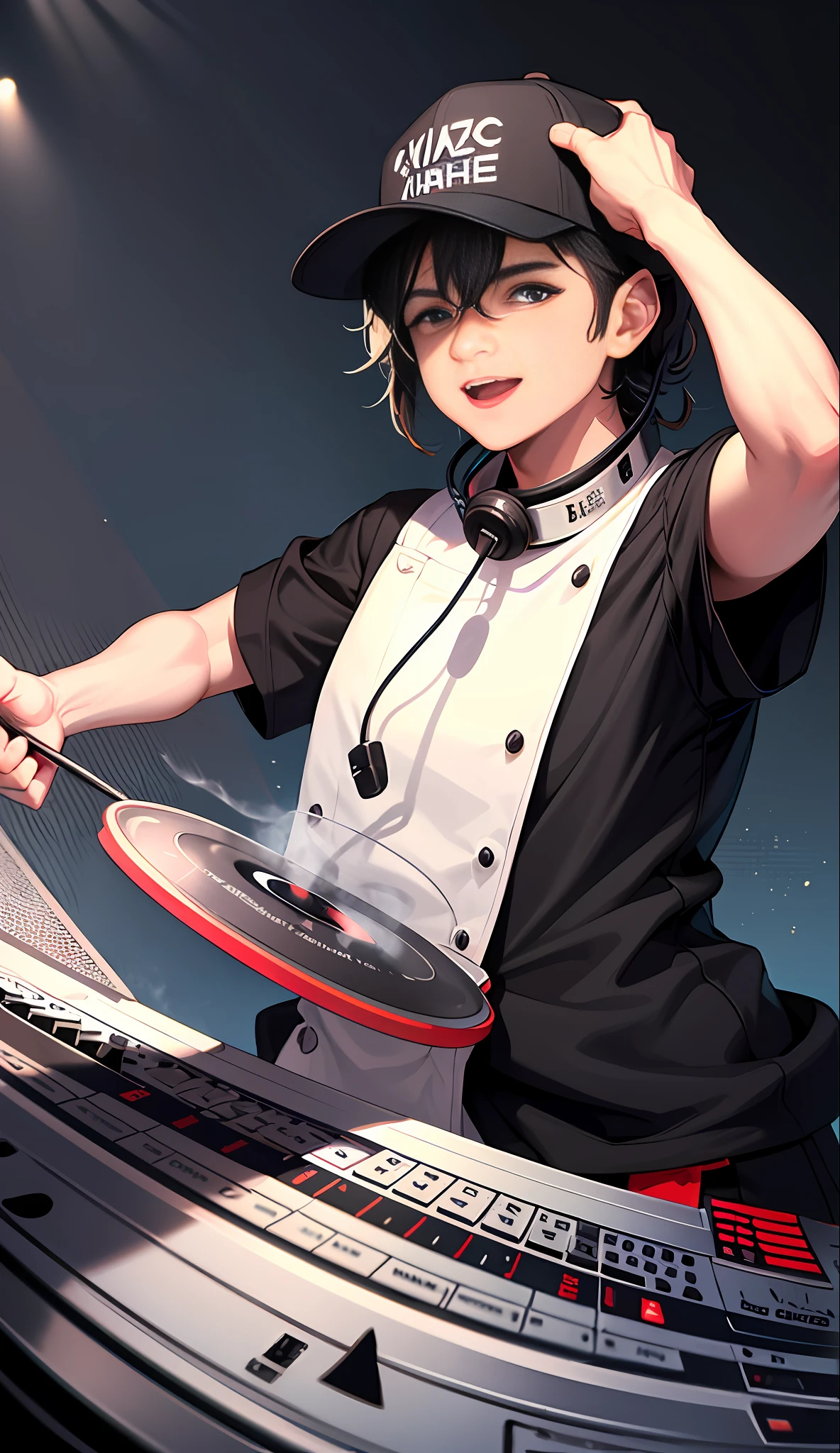 In a stage background, a young chef is playing with his left hand and grilling with his right hand, a DJ wearing big headphones around his neck, and the word "full" on his hat, happy, music