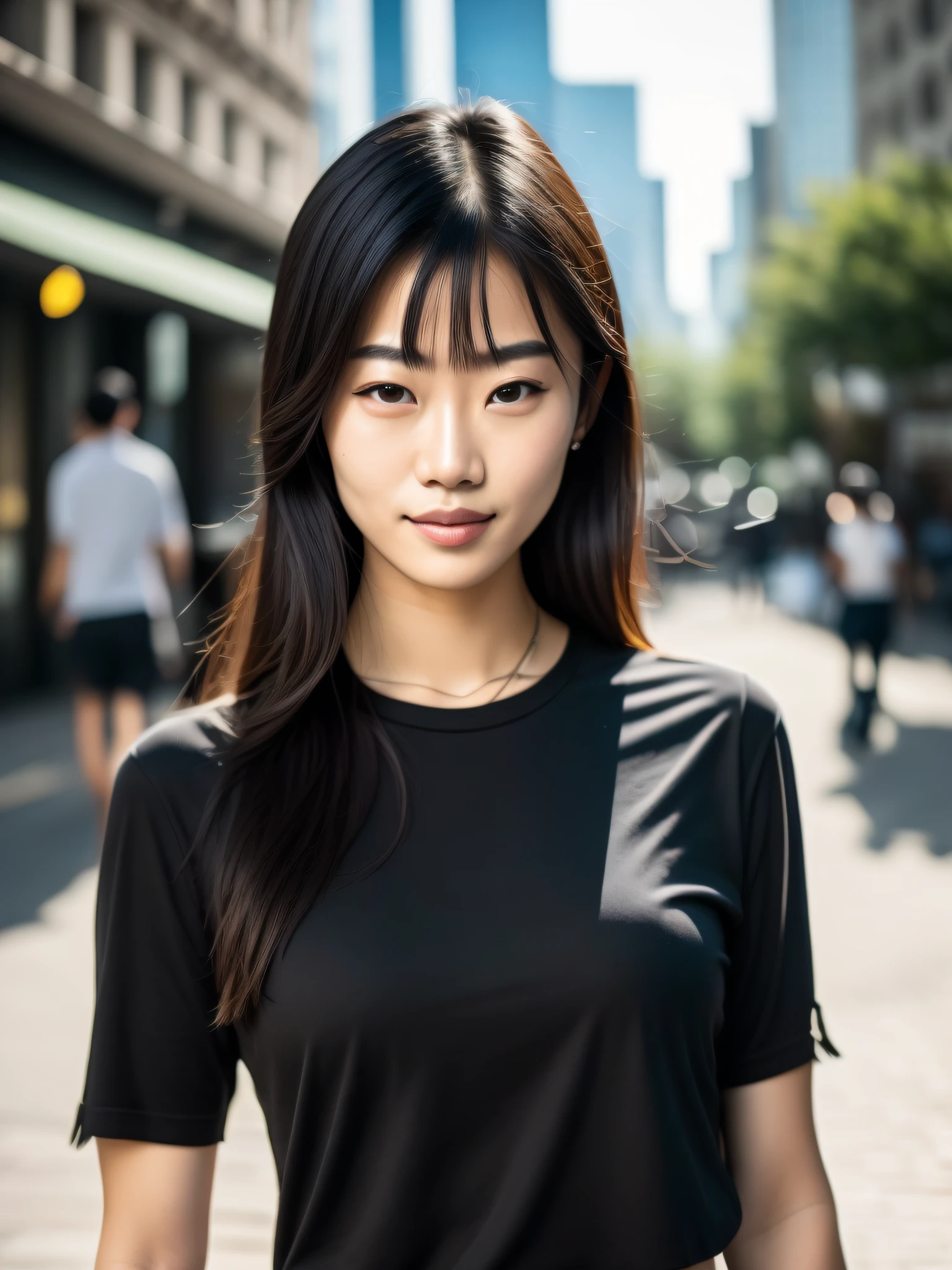 (8k, raw photo), film grain, ultra high res, ultra-detailed, (ultra skin details), incredibly absurd, strong edge light, nude, asian, skinny girl, seductive smile, look, small breasts, long hair, ((black hair)), (photorealistic: 1.3), sunlight,1girl, instagram, outdoors in a city, (black shirt), (((city))),(extremely detailed face), (fringe)
