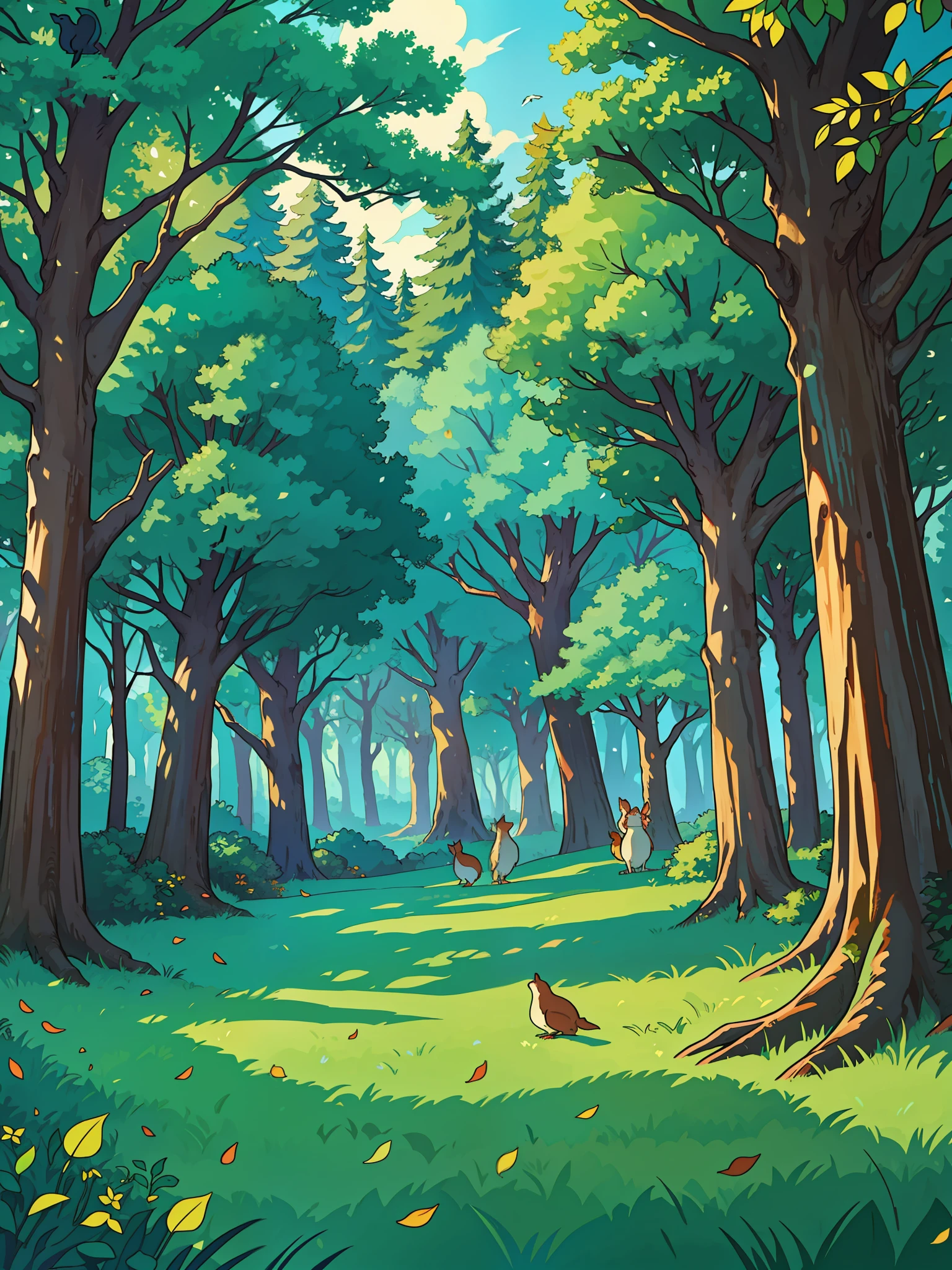 entrance of the Enchanted Forest Fairytale magic, fantasy illustration, squirrels on the grass, with several birds in the sky, tall trees touching the sky, with bright colored leaves