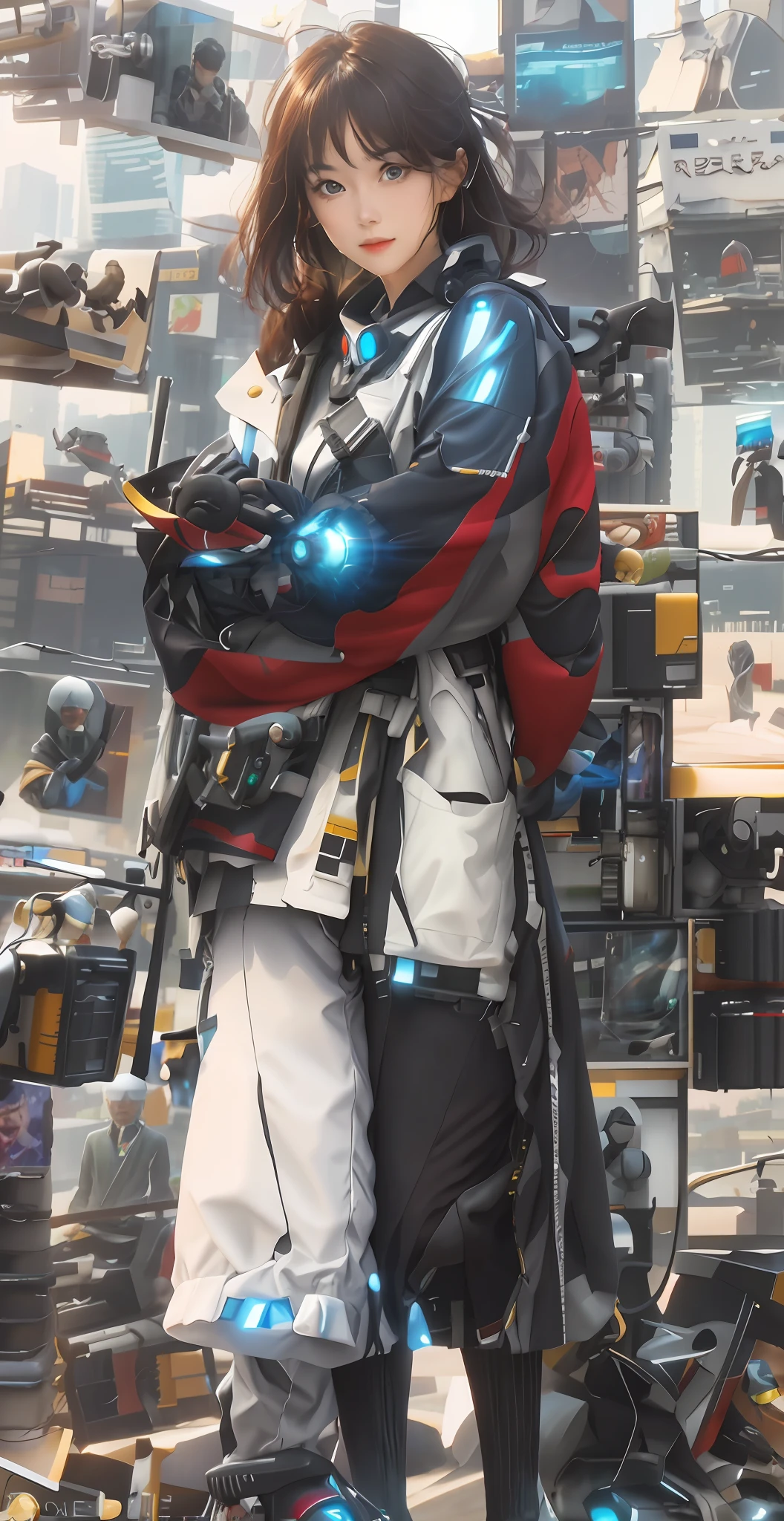 RAW, Masterpiece, Ultra Fine Photo,, Best Quality, Ultra High Resolution, Photorealistic, Sunlight, Full Body Portrait, Stunningly Beautiful,, Dynamic Poses, Delicate Face, Vibrant Eyes, (Side View) , she is wearing a futuristic Iron Man mech, very detailed background, detailed face, detailed busy background, messy, gorgeous, milky, high detailed skin, realistic skin details, visible pores, sharp focus, volume Fog, 8k uhd, dslr, high quality, film grain, fair skin, photorealism, lomography, sprawling metropolis in a futuristic dystopia, view from below, translucent
