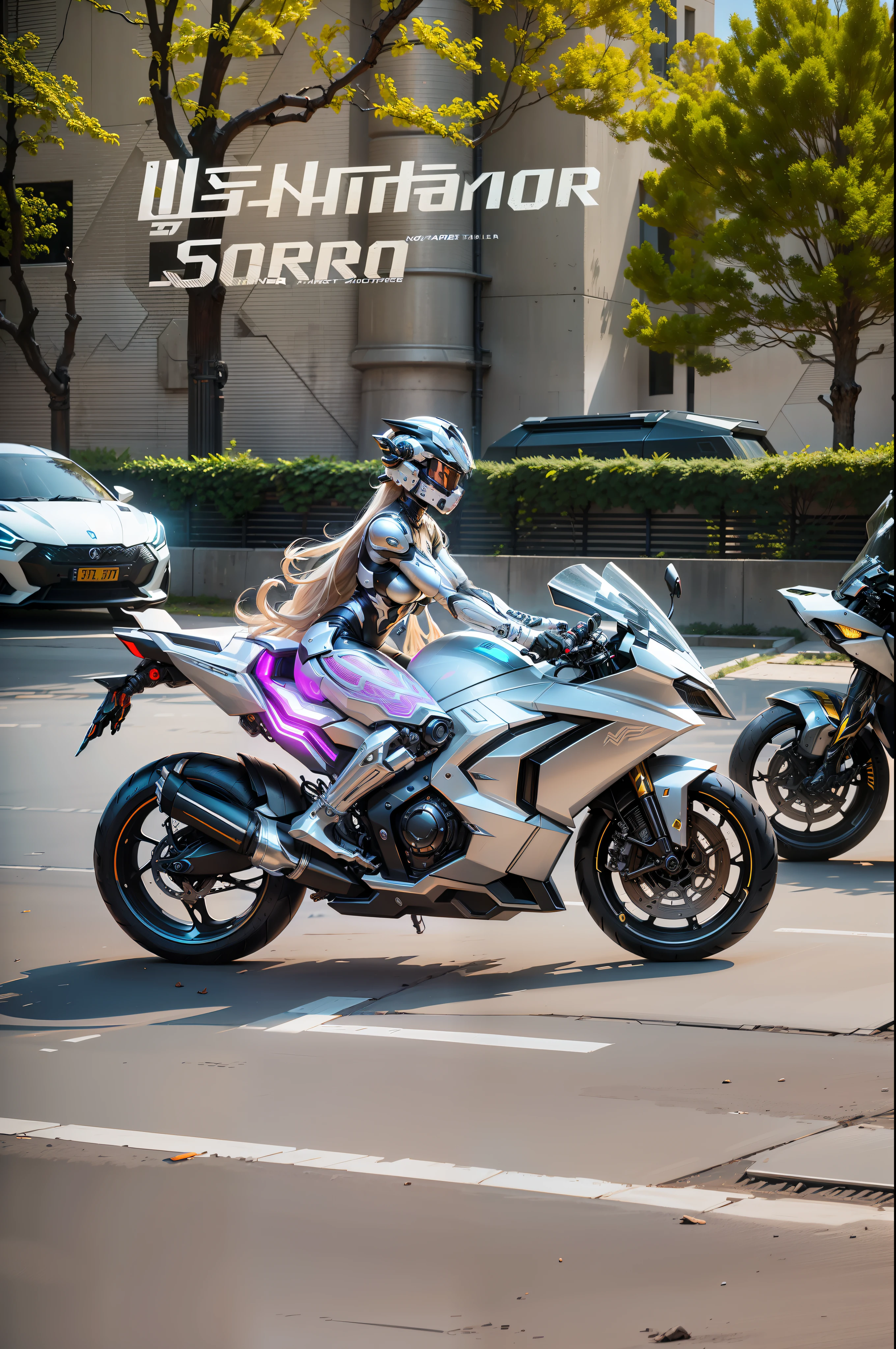 Cyber Warrior Woman and Cyber Mechanical Motorcycle, Full Body Exquisite High-Tech Armor, Exquisite Black Tech Helmet, Nousr, Biomechanics, MSHN Robot Man, High-Tech Helmet, Surreal, Steel, Intricate Design, Crazy Details, Fine Details, Extremely Clear Lines, Cinematic Lighting, Photo Realistic, Detailed Masterpiece