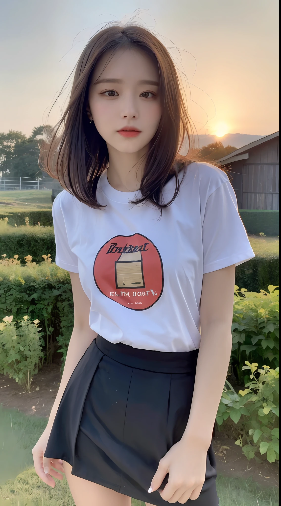 ((Best Quality, 8K, Masterpiece: 1.3)), Focus: 1.2, Perfect Body Beauty: 1.4, Buttocks: 1.2, (Layered Haircut: 1.2)), , (Farm, Sunset: 1.3), Highly detailed face and skin texture, Full body, fine eyes, Double eyelids, Whitened skin, Long hair, (Round face: 1.5), (T-shirt, hip skirt: 1.6)