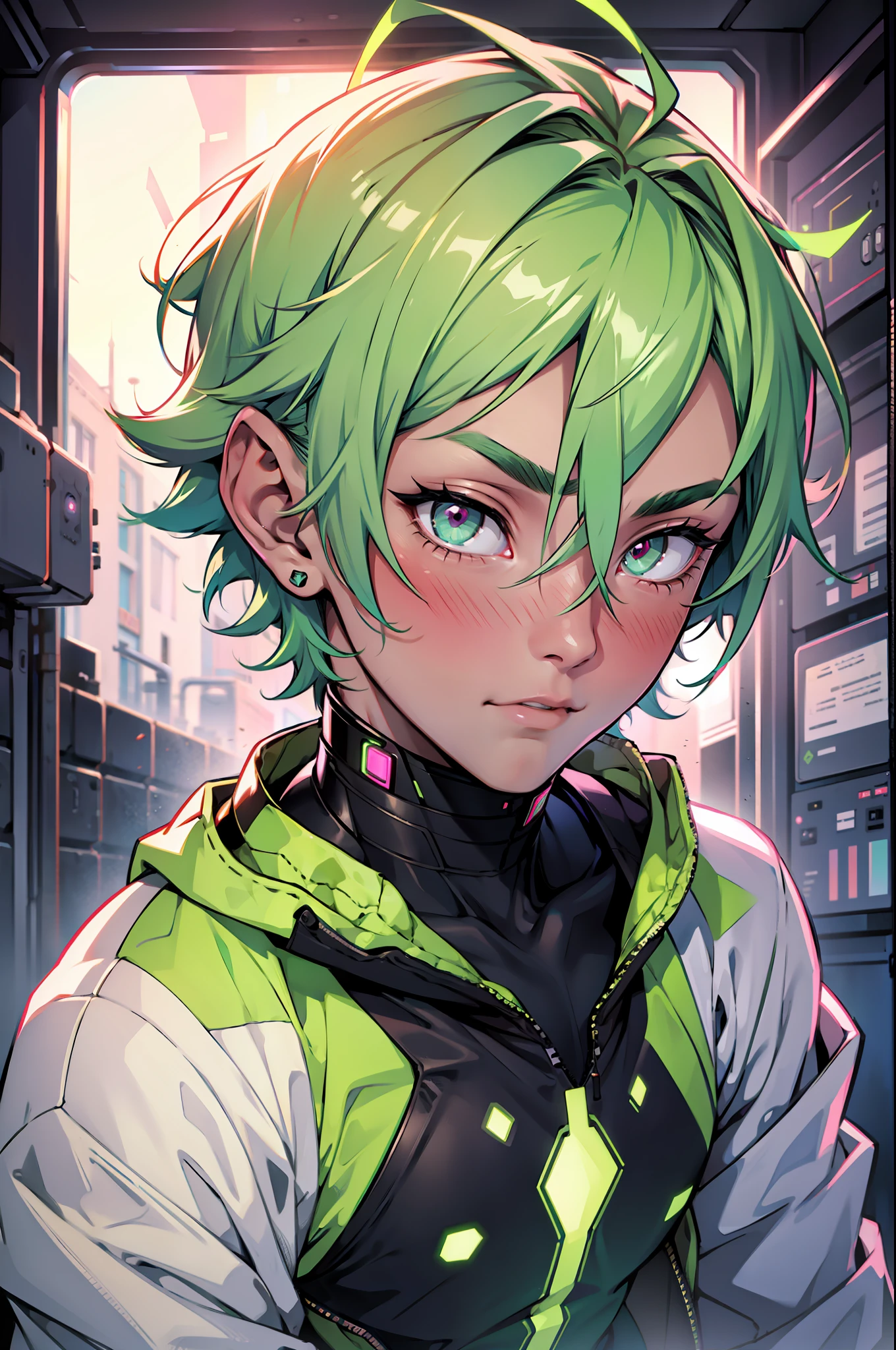 1 boy, young alien boy, messy short green hair and a soft, luminous pink eyes, green skin, futuristic clothes, blushing