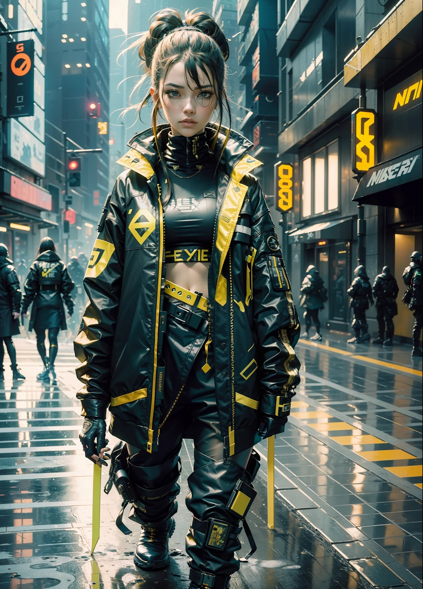 cyberpunk girl techwear streetwear look and clothes, we can see them from feet to head, highly detailed and intricate, golden ratio, beautiful bright colors, hypermaximalist, futuristic, cyberpunk setting, luxury, elite, cinematic, techwear fashion, Nike ACG, Y3, ACRNYM Errolson Hugh style